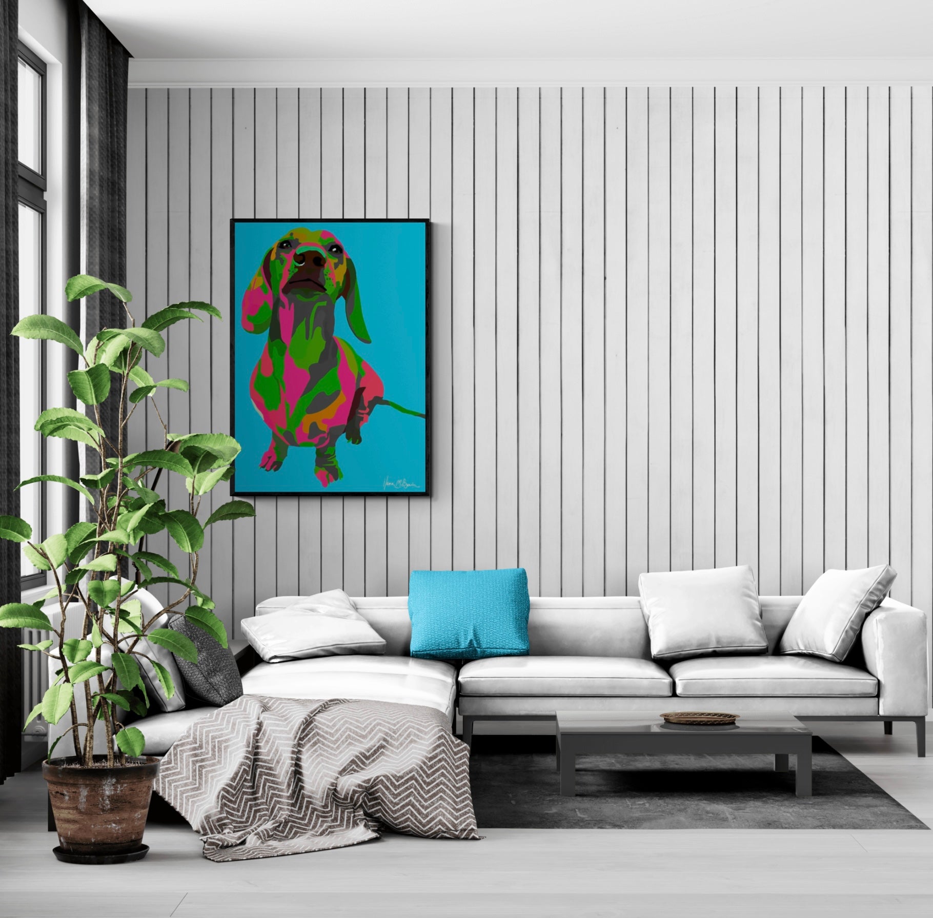 An intricately designed digital art printed canvas, featuring a whimsical dachshund in aqua blue background, adorned with vibrant Pop- Art patterns and colors, lounging contently amidst a surreal sunroom.