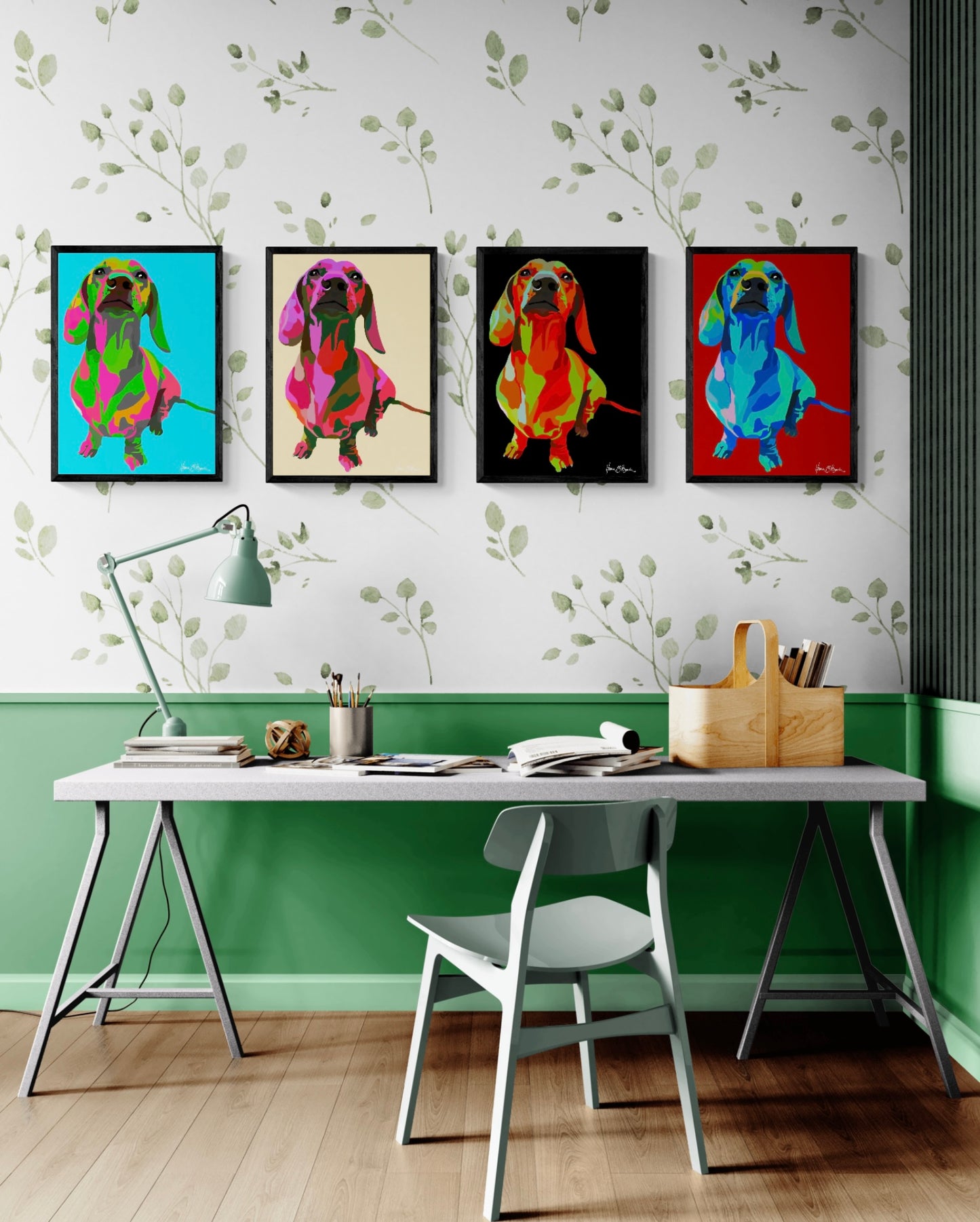 A captivating digital artwork prints, showcases a whimsical dachshund against a vibrant backdrop of aqua blue, red, black and sand colour hues, accented with dynamic Pop-Art motifs and shades. It hangs in a surreal artistic studio, arranged as a striking quartet, each piece adding to the room's unique atmosphere.