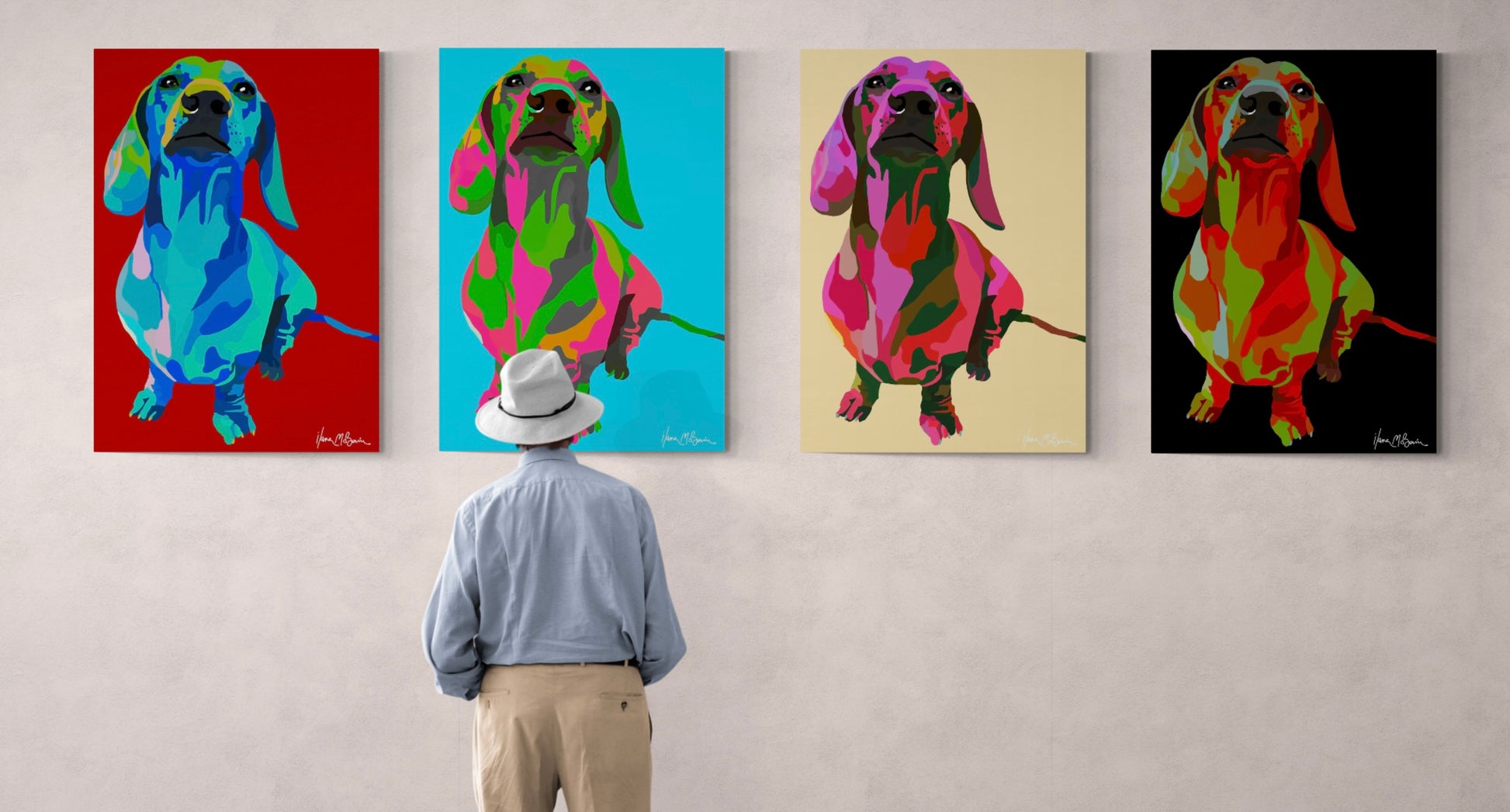 Four intricately designed original Pop-Art acrylic paint canvases, featuring a whimsical dachshund in red, sand, aqua blue and black colour backgrounds, lounging contently on a misty grey gallery wall. 