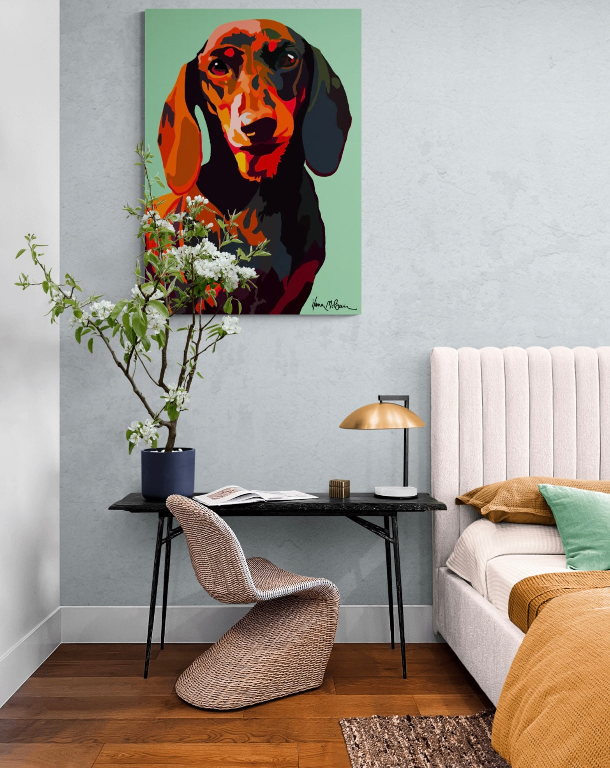 An intricately designed digital art printed canvas, featuring a fanciful dachshund in green background, adorned with vibrant Pop- Art patterns and colors, lounging contently in a surreal bedroom.