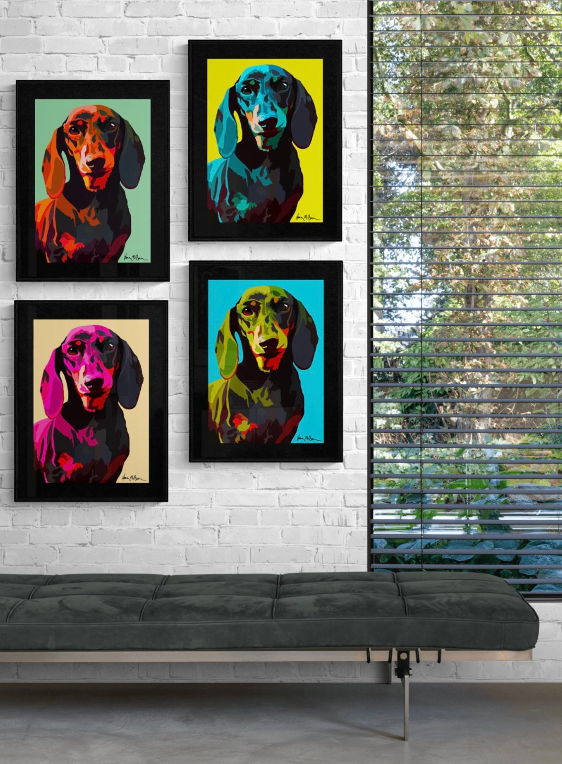 A captivating digital artwork prints, showcases a fanciful dachshund against a vibrant backdrop of sky blue, yellow, sage and sand colour hues, accented with dynamic Pop-Art motifs and shades. They hang on a surreal brick wall. Arranged as a striking quartet, each piece adding to the room's unique atmosphere.