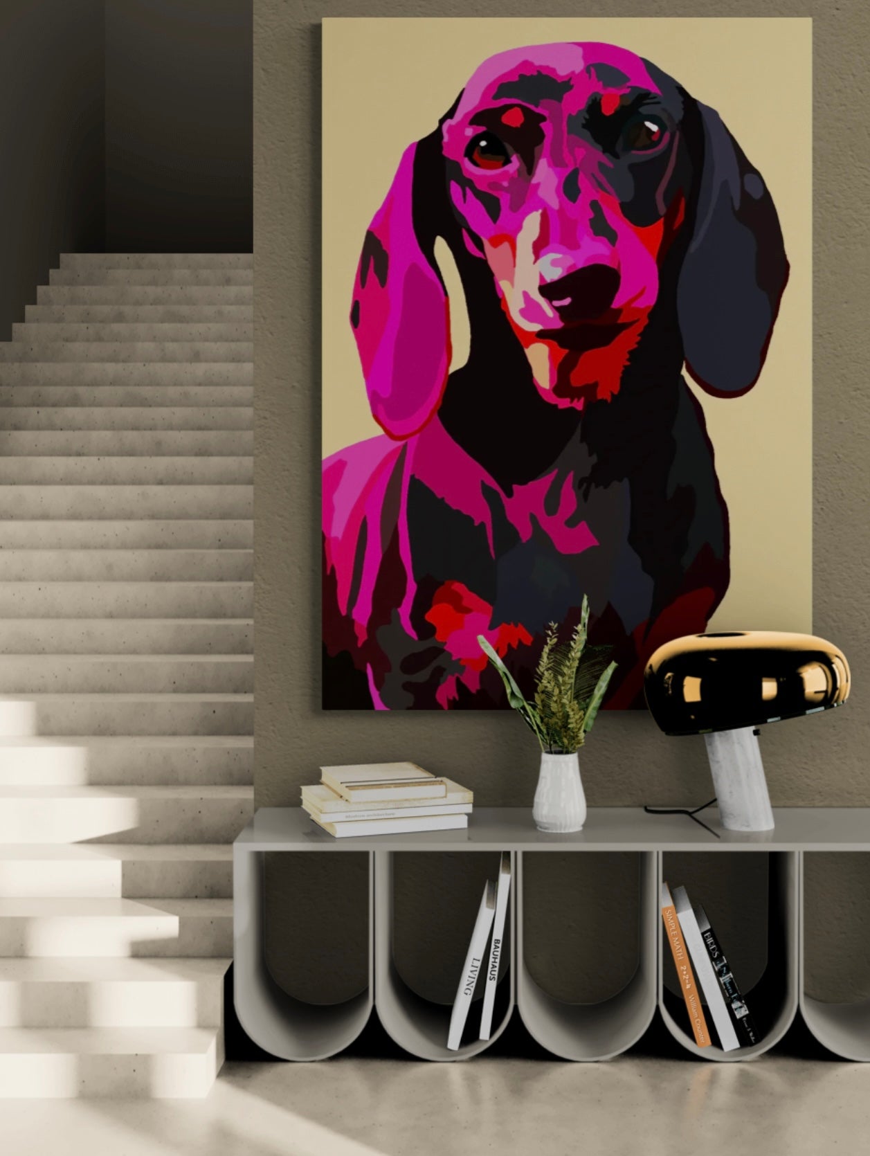 An intricately designed digital art print canvas featuring a fanciful dachshund in fawn background, adorned with vibrant Pop- Art patterns and colors, lounging contently infront of a contemporary staircase.