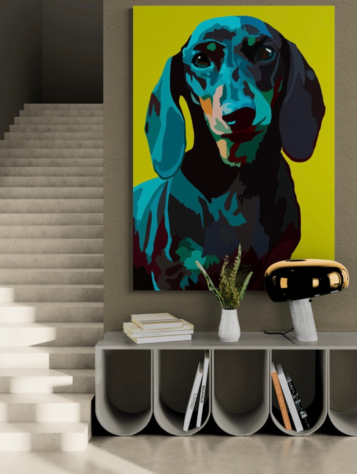 An intricately designed digital art print canvas featuring a fanciful dachshund in yellow background, adorned with vibrant Pop- Art patterns and colors, lounging contently infront of a contemporary staircase.