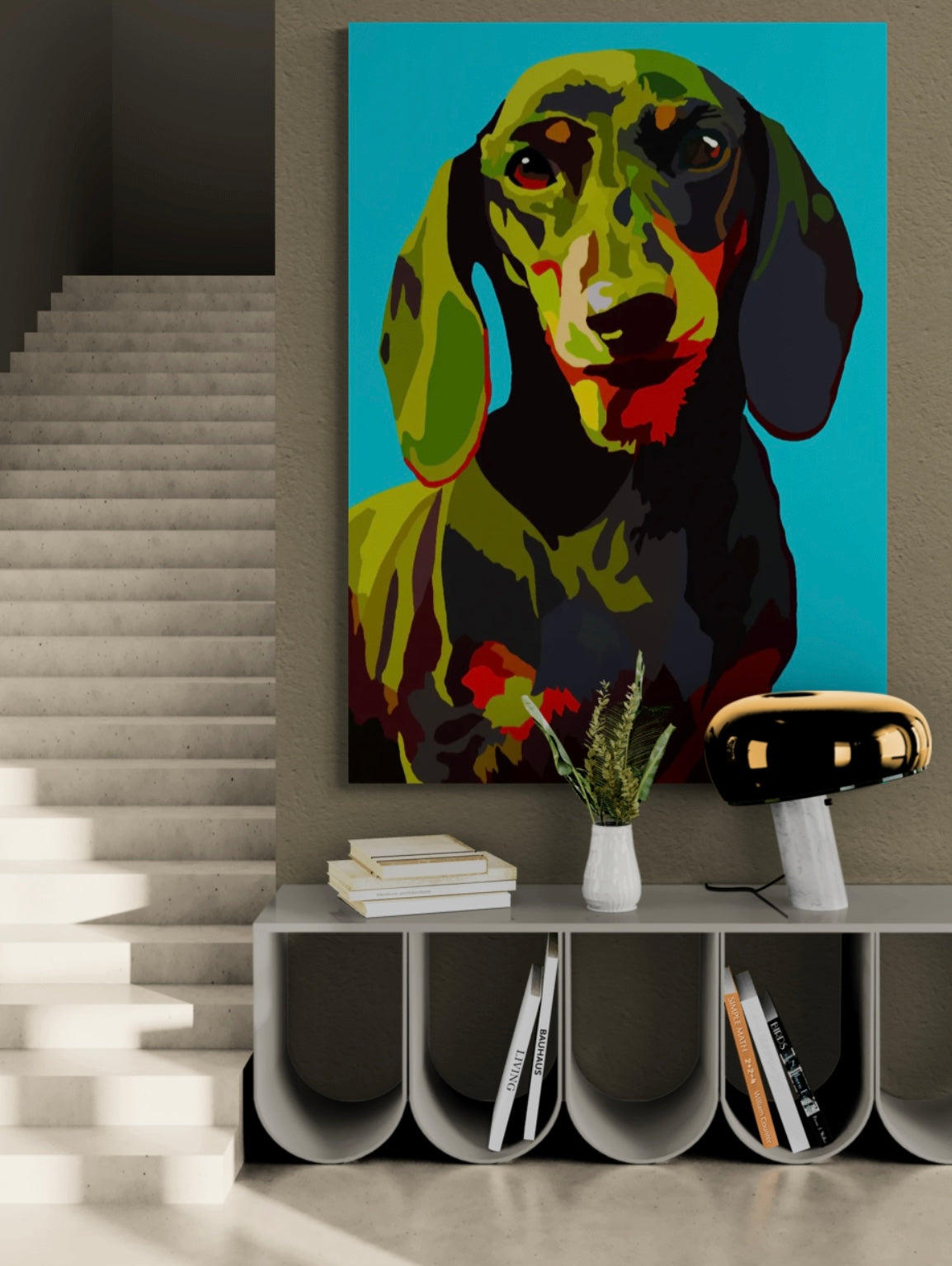 An intricately designed digital art print canvas featuring a fanciful dachshund in sky blue background, adorned with vibrant Pop- Art patterns and colors, lounging contently infront of a contemporary staircase.