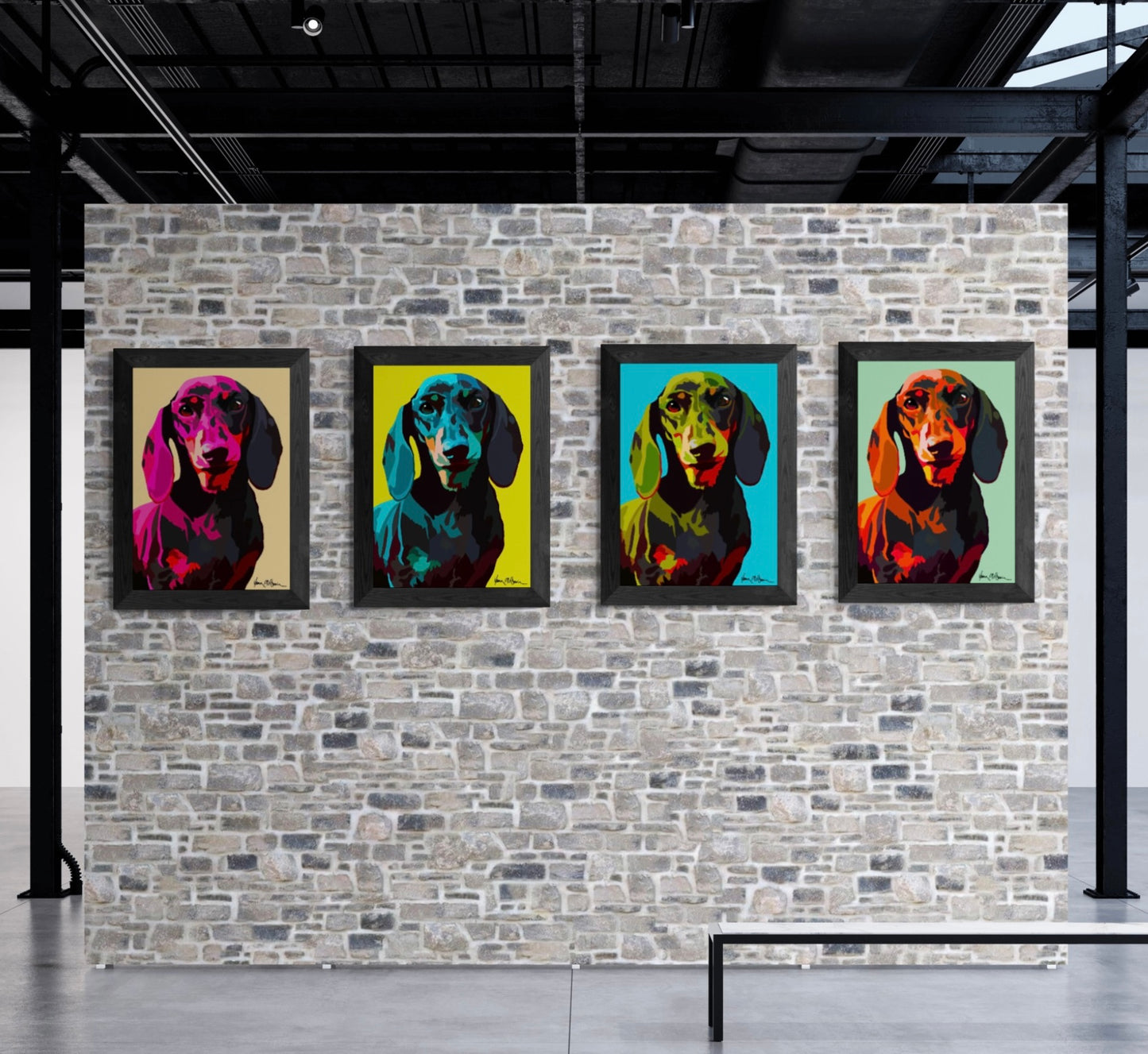 Four intricately designed original Pop-Art acrylic paint canvases, featuring a fanciful dachshund in sky blue, sand, sage and yellow colour backgrounds, lounging contently on a modern brick gallery wall. 