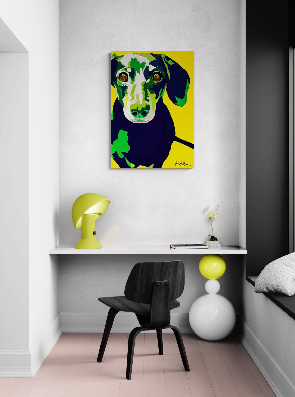 An intricately designed digital art printed canvas, featuring a lovable dachshund in yellow background, adorned with vibrant Pop- Art patterns and colors, lounging contently in a contemporary study.