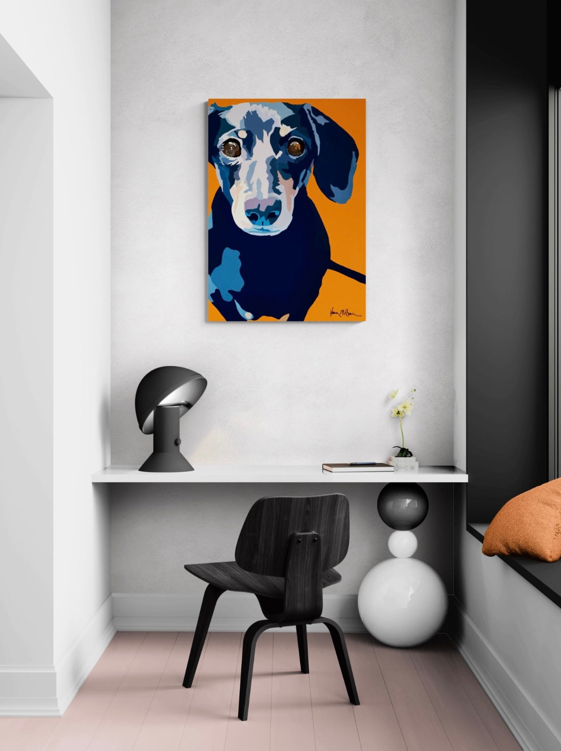 An intricately designed digital art printed canvas, featuring a lovable dachshund in blue background, adorned with vibrant Pop- Art patterns and colors, lounging contently in a contemporary study.