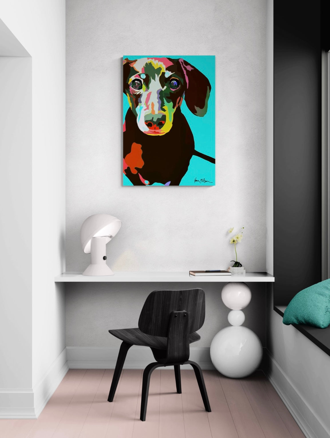 An intricately designed digital art printed canvas, featuring a lovable dachshund in blue background, adorned with vibrant Pop- Art patterns and colors, lounging contently in a contemporary study.