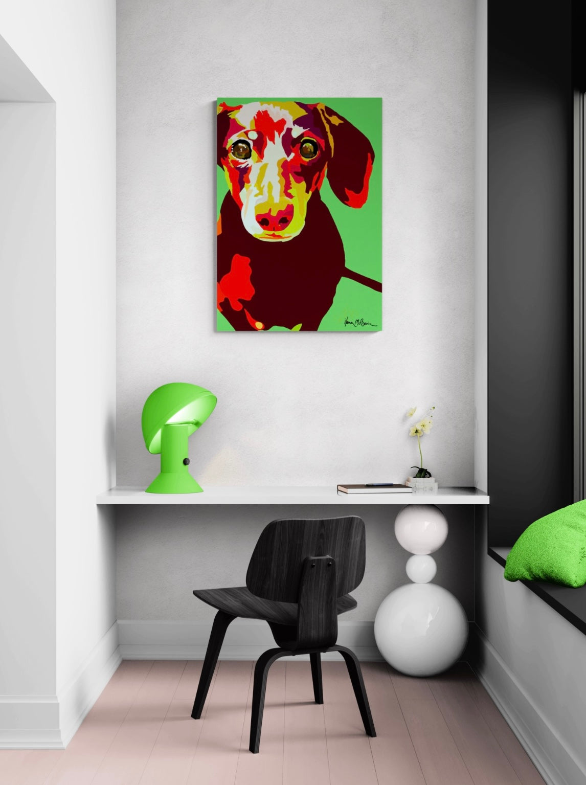 An intricately designed digital art printed canvas, featuring a lovable dachshund in green background, adorned with vibrant Pop- Art patterns and colors, lounging contently in a contemporary study.