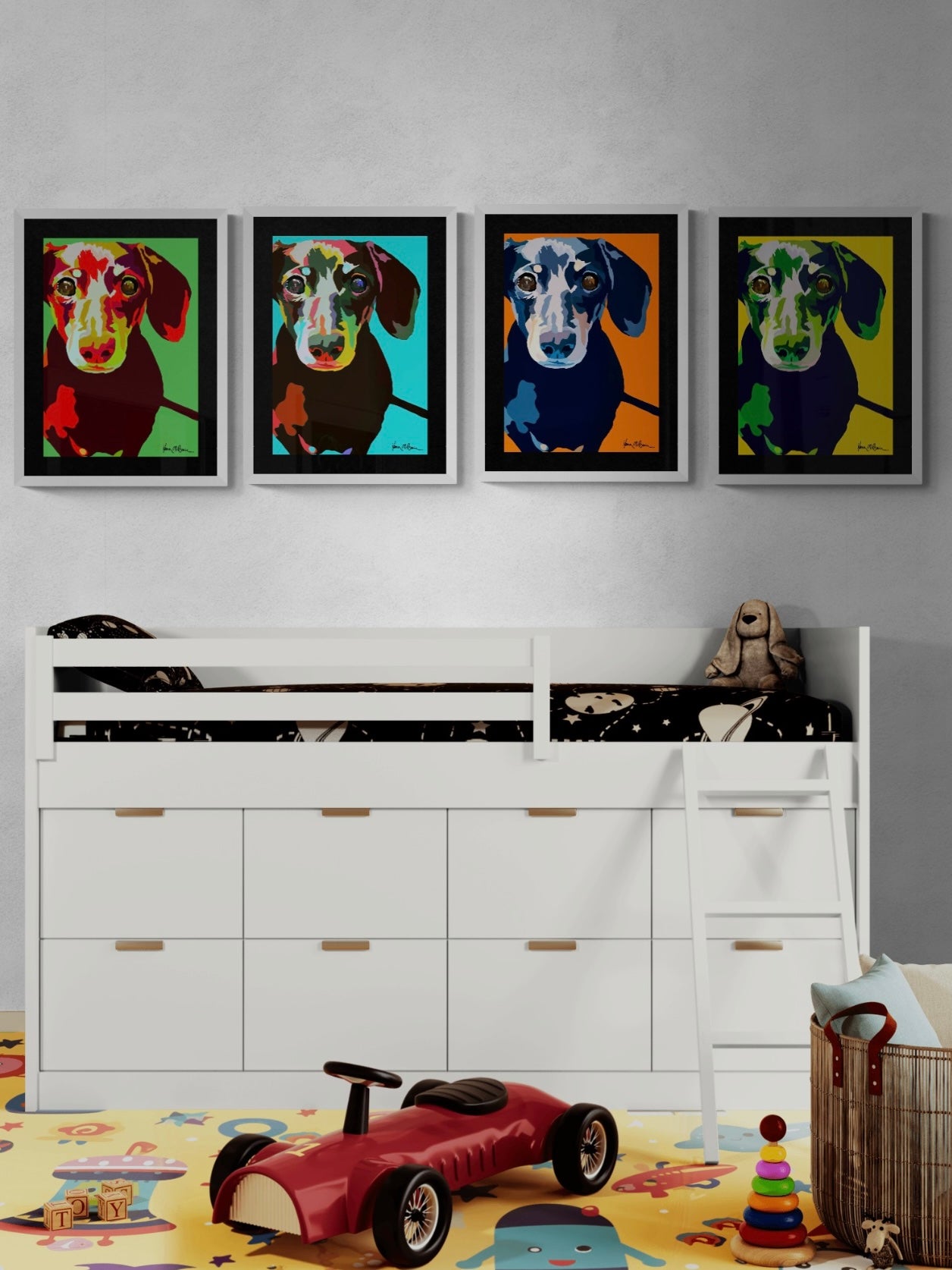 A captivating digital artwork prints, showcases a lovable dachshund against a vibrant backdrop of green, yellow, blue and orange colour hues, accented with dynamic Pop-Art motifs and shades. They hang on a child’s bedroom wall. Arranged as a striking quartet, each piece adding to the room's playful atmosphere.