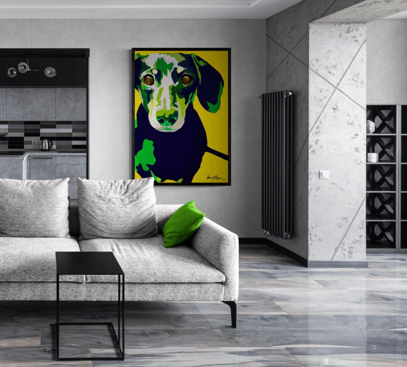 An intricately designed digital art print canvas featuring am lovable dachshund in yellow background, adorned with vibrant Pop- Art patterns and colors, lounging contently in a contemporary living room.