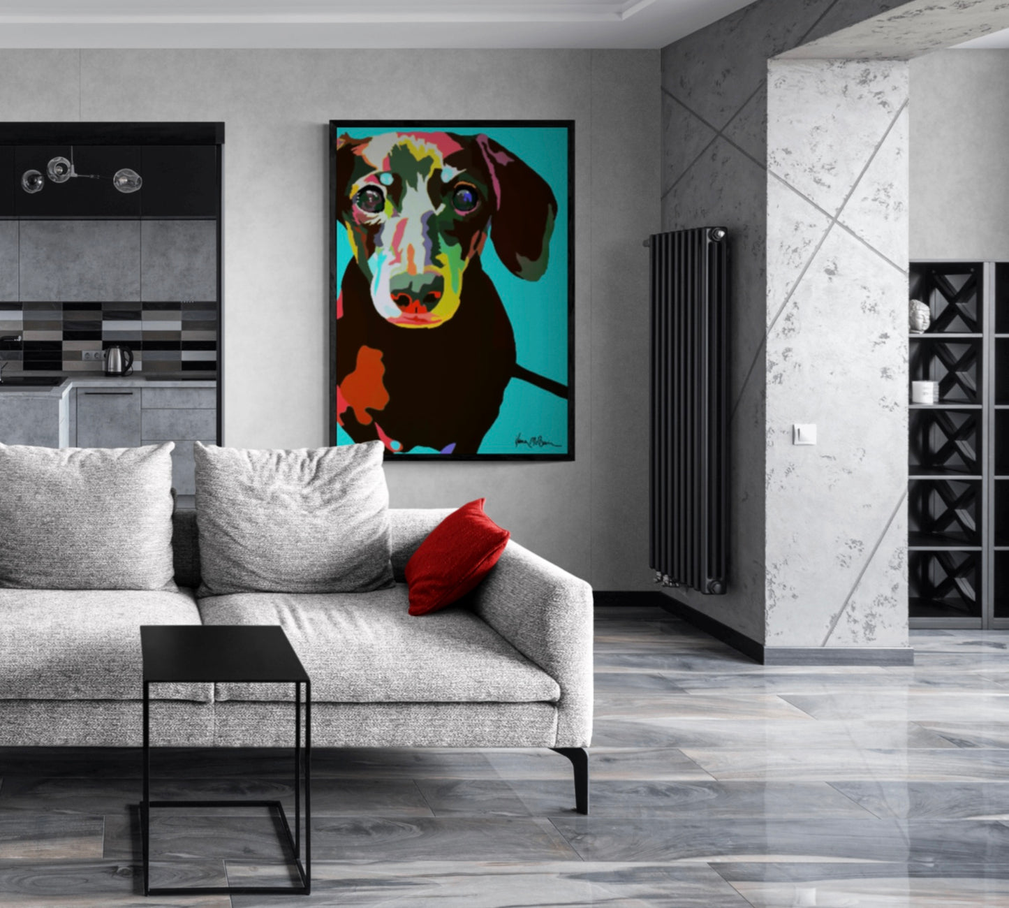 An intricately designed digital art print canvas featuring am lovable dachshund in blue background, adorned with vibrant Pop- Art patterns and colors, lounging contently in a contemporary living room.