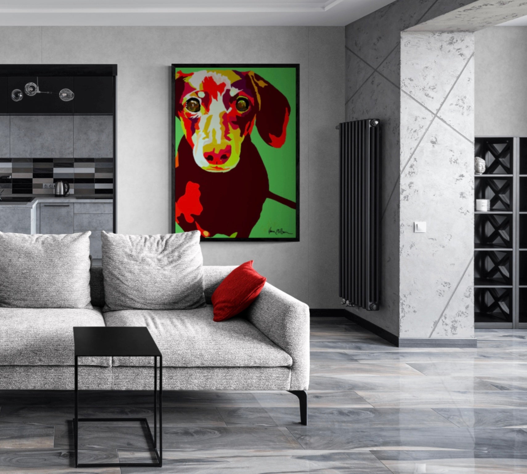 An intricately designed digital art print canvas featuring am lovable dachshund in green background, adorned with vibrant Pop- Art patterns and colors, lounging contently in a contemporary living room.