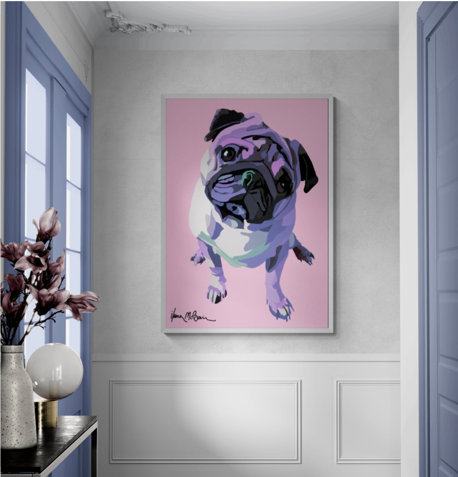 An intricately designed digital art printed canvas, featuring a lovable pug in rose background, adorned with vibrant pastels Pop- Art patterns and colors, lounging contently in a surreal sunroom.