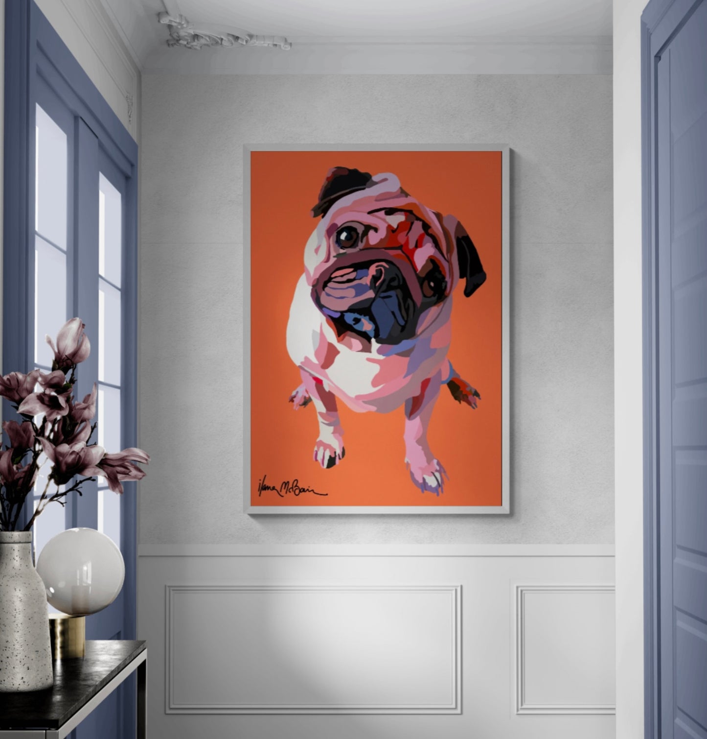 An intricately designed digital art printed canvas, featuring a lovable pug in tangerine background, adorned with vibrant pastels Pop- Art patterns and colors, lounging contently in a surreal sunroom.