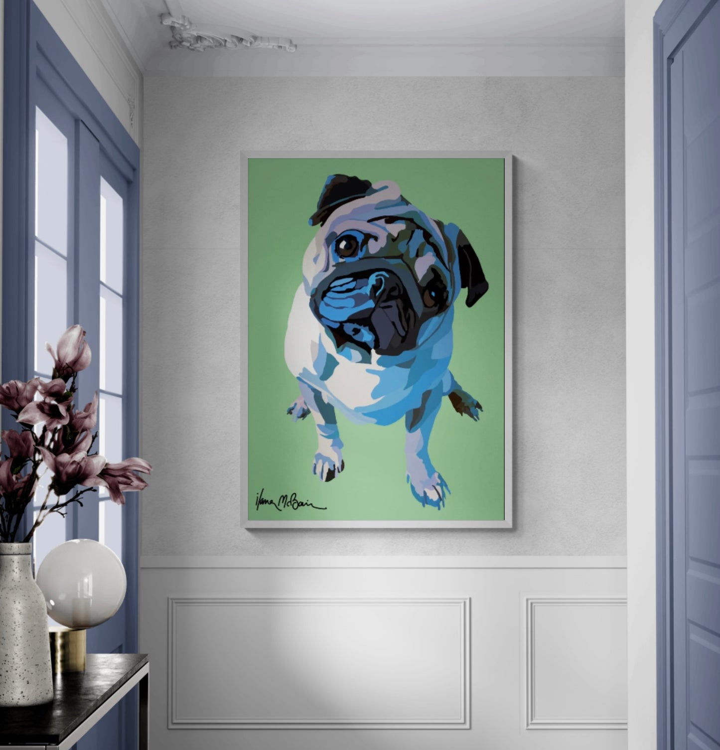 An intricately designed digital art printed canvas, featuring a lovable pug in green background, adorned with vibrant pastels Pop- Art patterns and colors, lounging contently in a surreal sunroom.