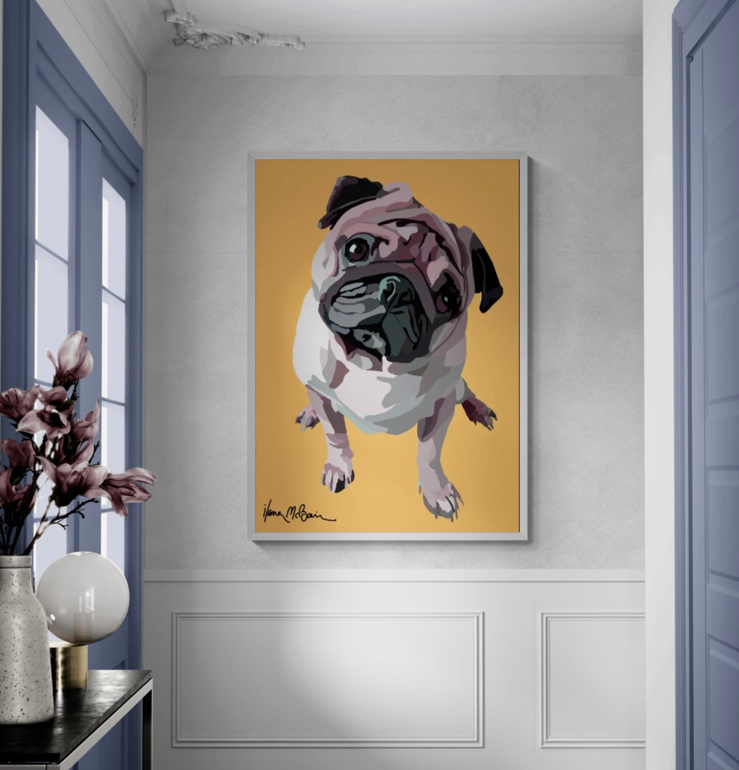 An intricately designed digital art printed canvas, featuring a lovable pug in sand background, adorned with vibrant pastels Pop- Art patterns and colors, lounging contently in a surreal sunroom.