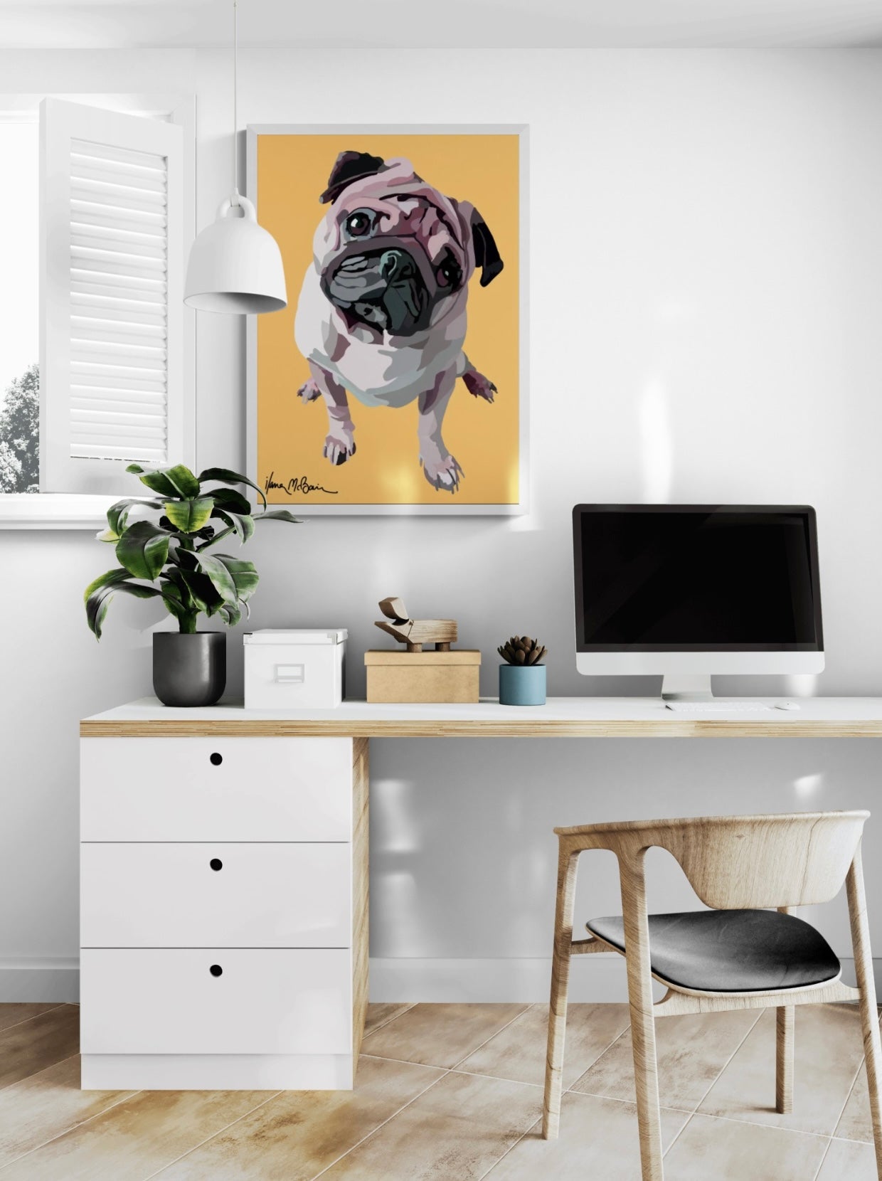 An intricately designed digital art print canvas featuring a lovable pug in sand background, adorned with vibrant pastels Pop- Art patterns and colors, lounging at a contemporary work space.