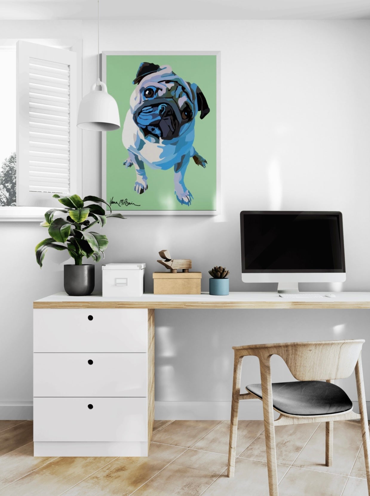 An intricately designed digital art print canvas featuring a lovable pug in green background, adorned with vibrant pastels Pop- Art patterns and colors, lounging at a contemporary work space.