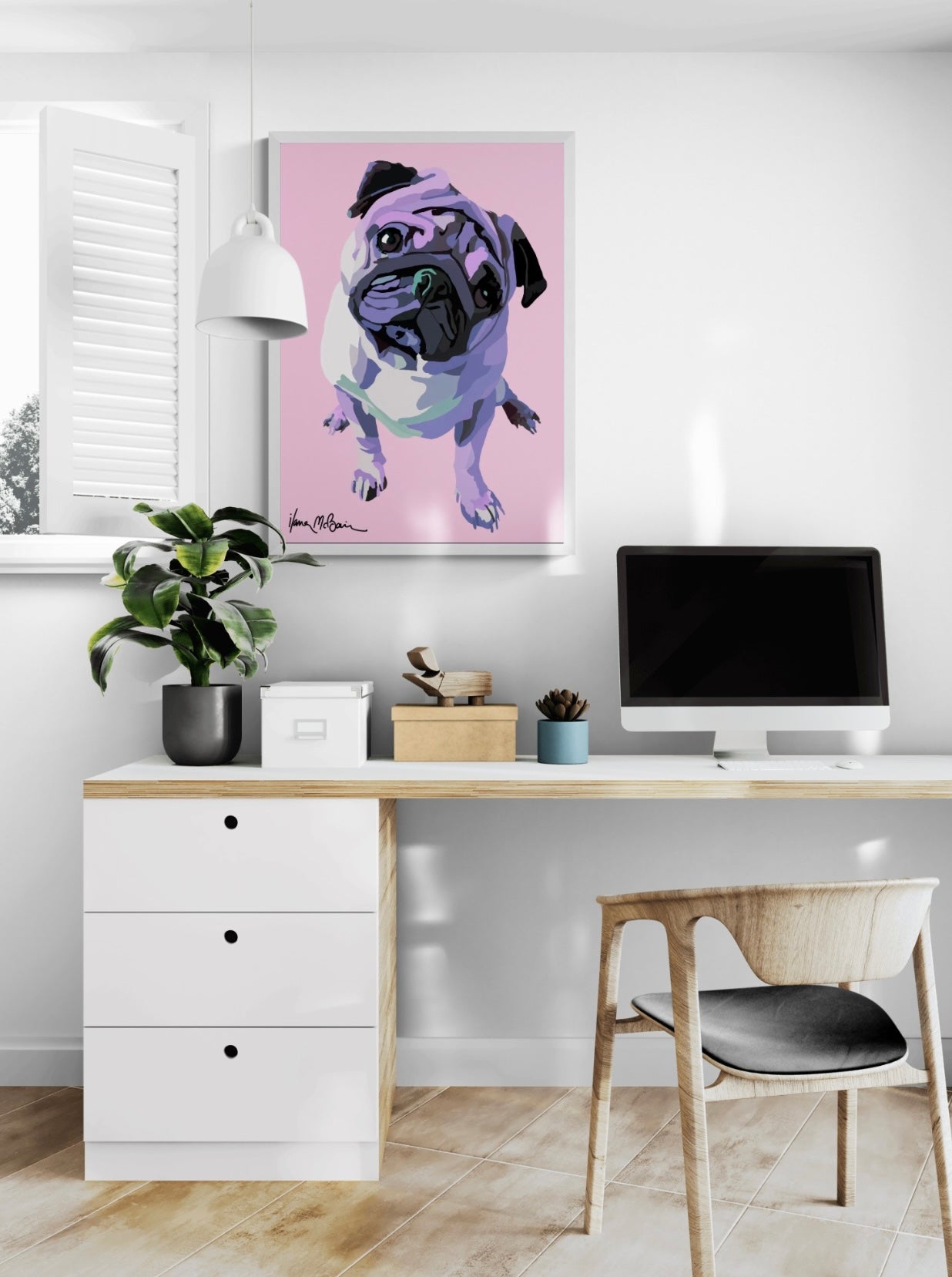 An intricately designed digital art print canvas featuring a lovable pug in rose background, adorned with vibrant pastels Pop- Art patterns and colors, lounging at a contemporary work space.