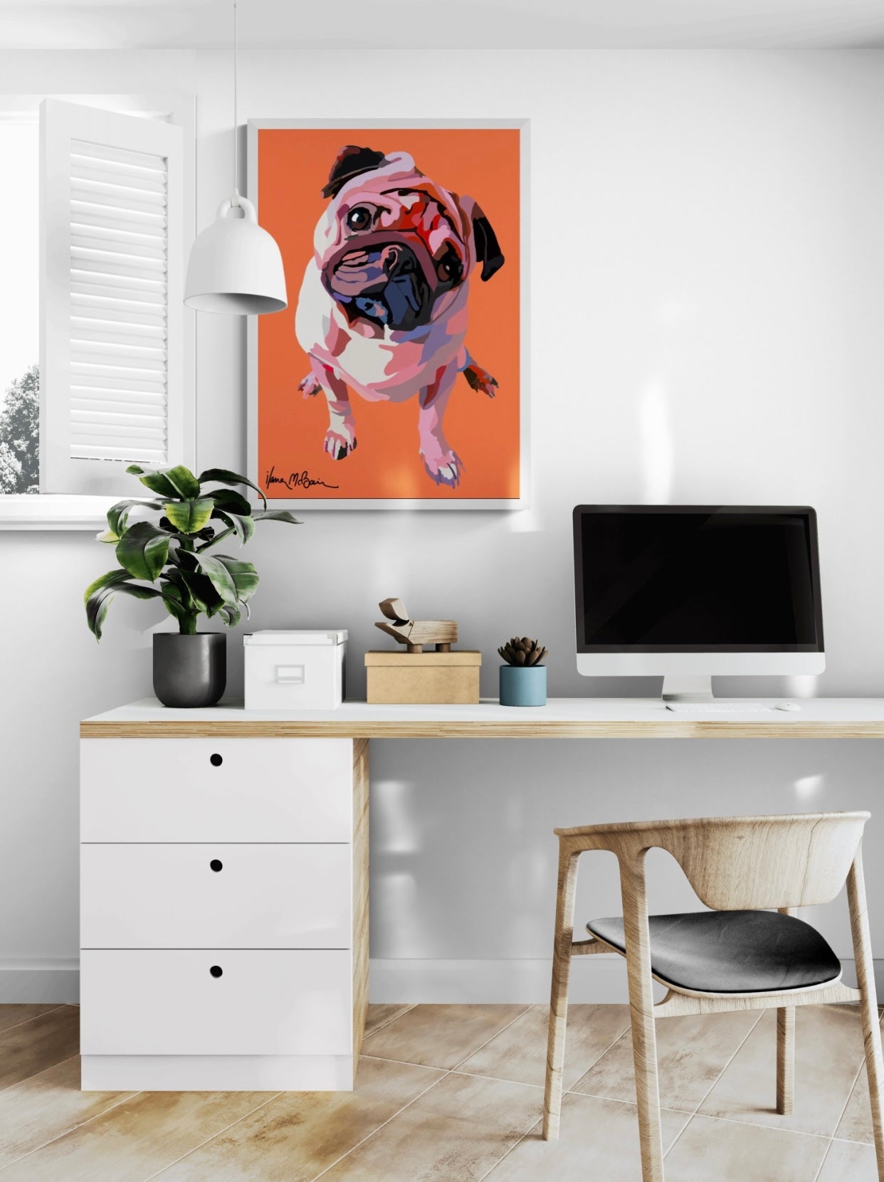 An intricately designed digital art print canvas featuring a lovable pug in tangerine background, adorned with vibrant pastels Pop- Art patterns and colors, lounging at a contemporary work space.