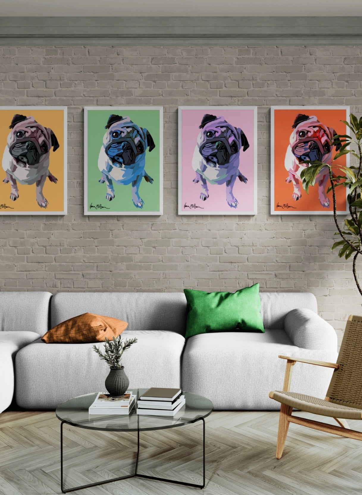 A captivating digital artwork prints, showcases a lovable pug against a vibrant pastels backdrop of rose, green, sand and tangerine colour hues, accented with dynamic Pop-Art motifs and shades. They hang on a surreal white brick wall. Arranged as a striking quartet, each piece adding to the room's unique atmosphere.