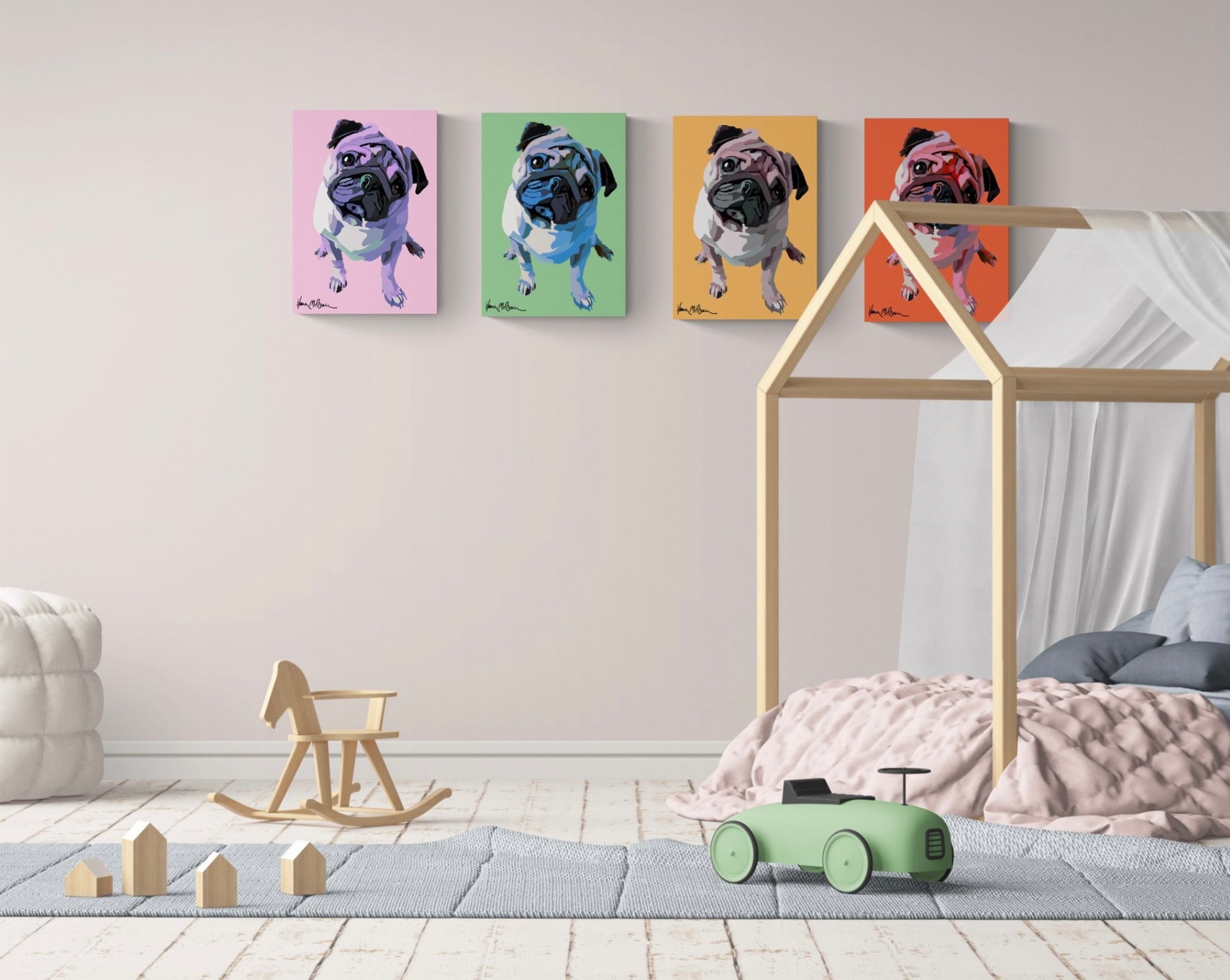 An intricately designed digital art printed canvas, featuring a lovable pug in vibrant pastels backdrop of rose, green, sand and tangerine colour hues, Arranged as a striking quartet decor, lounging contently in a modern minimal kids room.