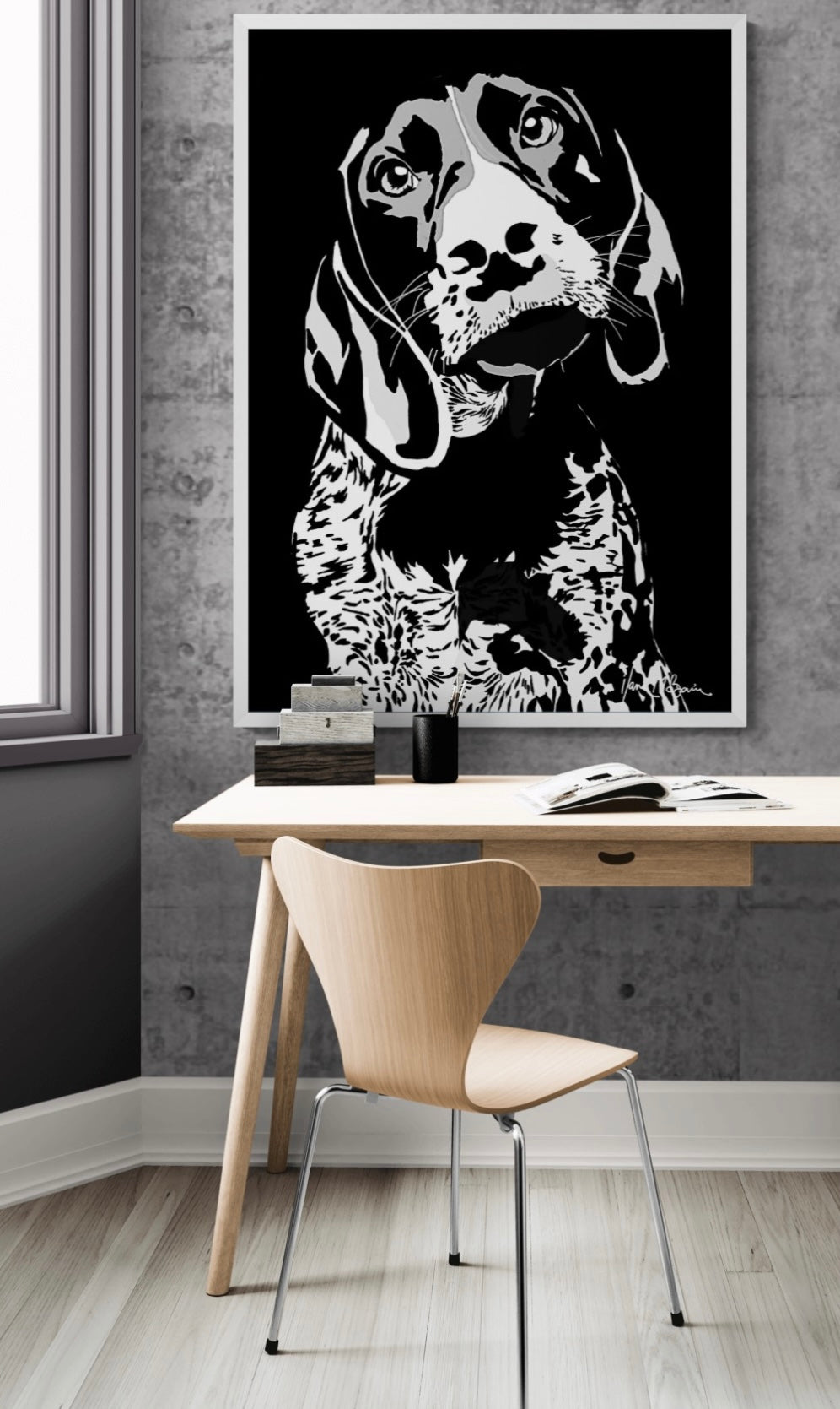 An intricately designed digital art print canvas featuring a monochrome hound in black background, adorned with vibrant Pop- Art patterns, lounging at a contemporary work space.