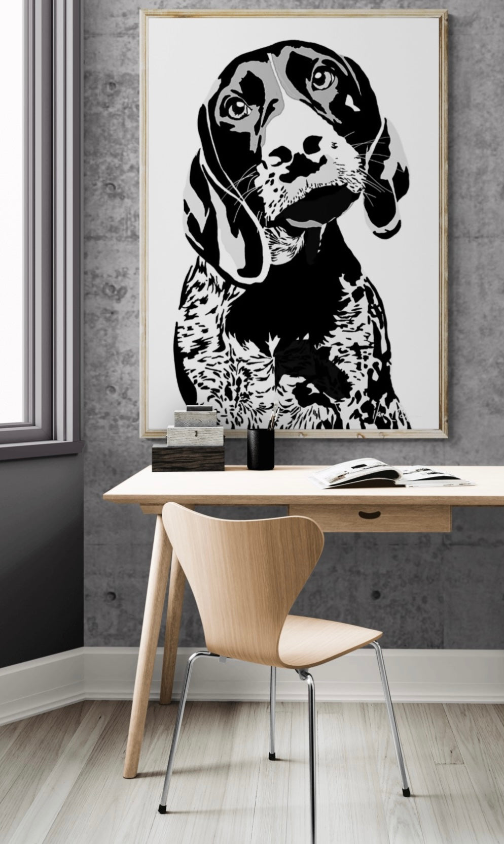 An intricately designed digital art print canvas featuring a monochrome hound in white background, adorned with vibrant Pop- Art patterns, lounging at a contemporary work space.