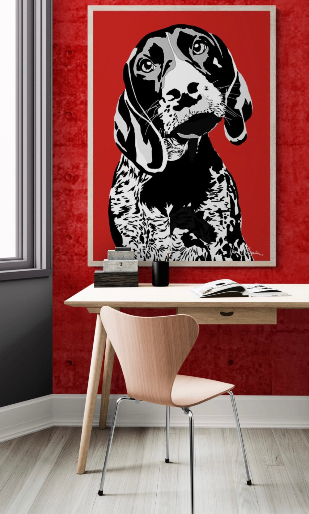 An intricately designed digital art print canvas featuring a monochrome hound in red background, adorned with vibrant Pop- Art patterns, lounging at a contemporary work space.