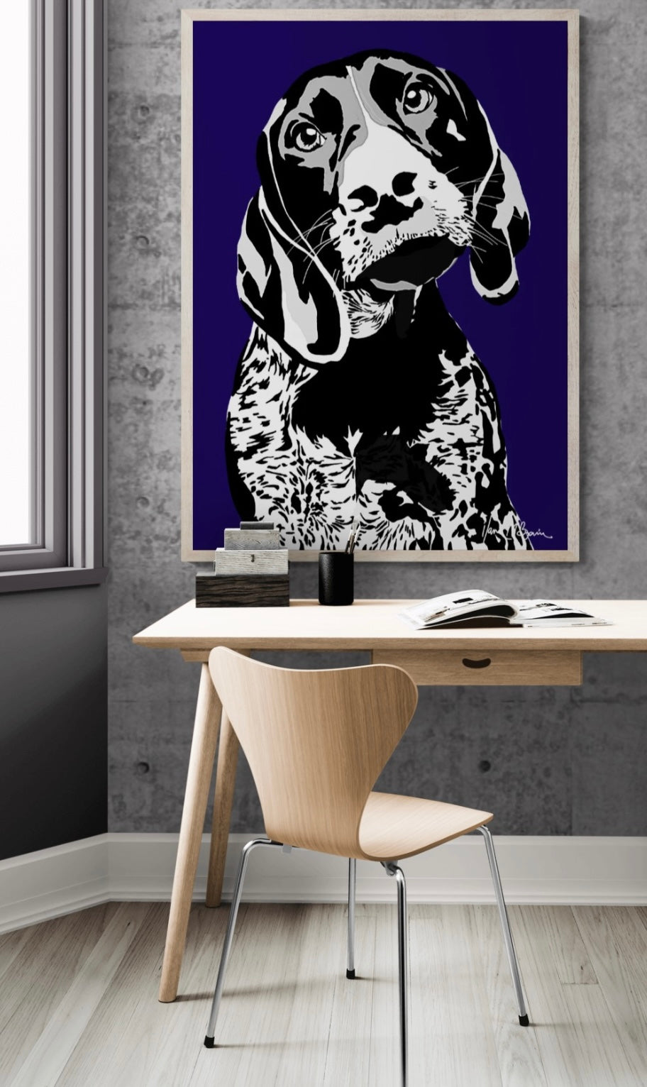 An intricately designed digital art print canvas featuring a monochrome hound in navy background, adorned with vibrant Pop- Art patterns, lounging at a contemporary work space.