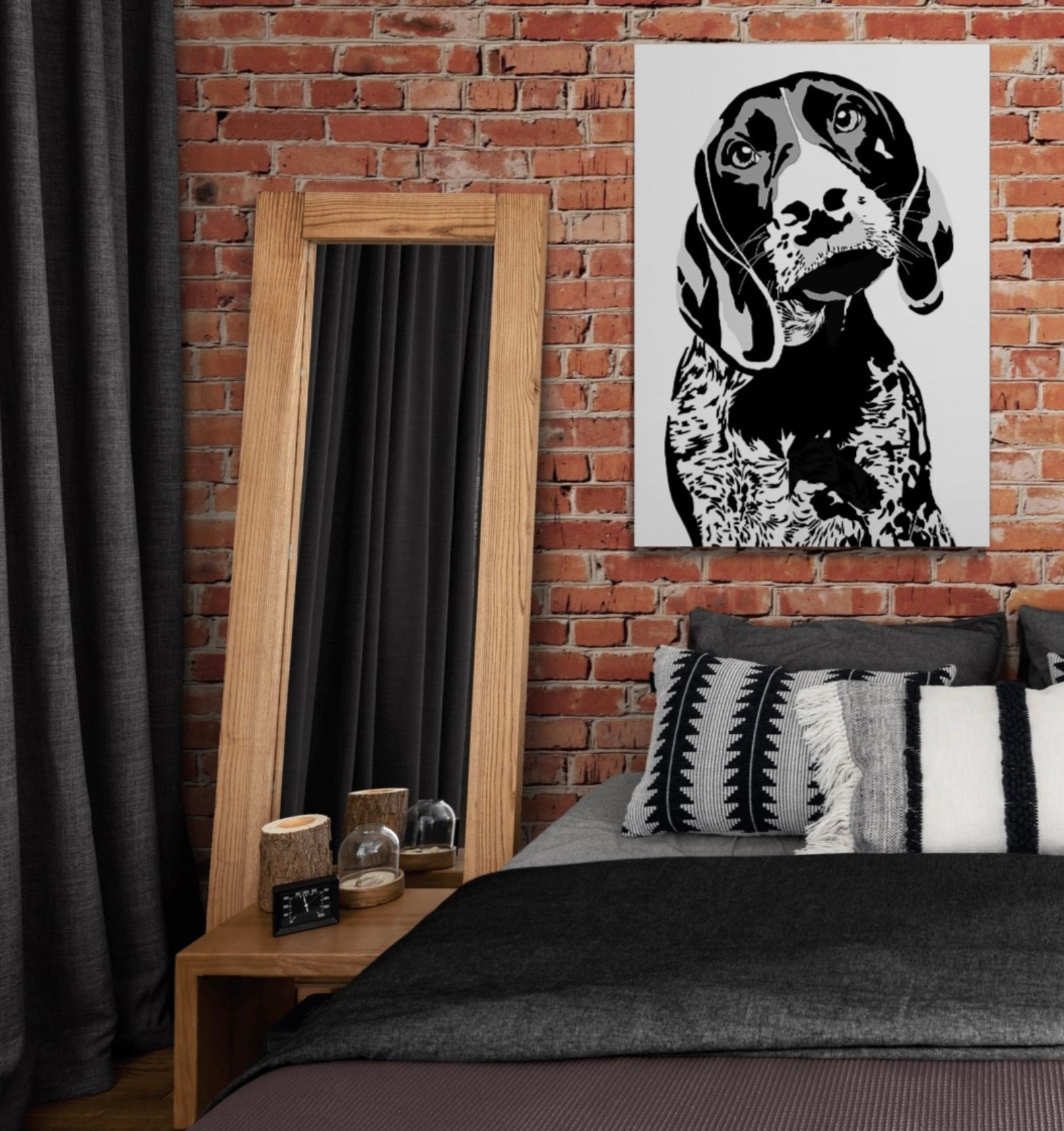 An intricately designed digital art printed canvas, featuring a a monochrome hound in white background, adorned with vibrant  Pop- Art patterns, lounging contently in a cosy bedroom.