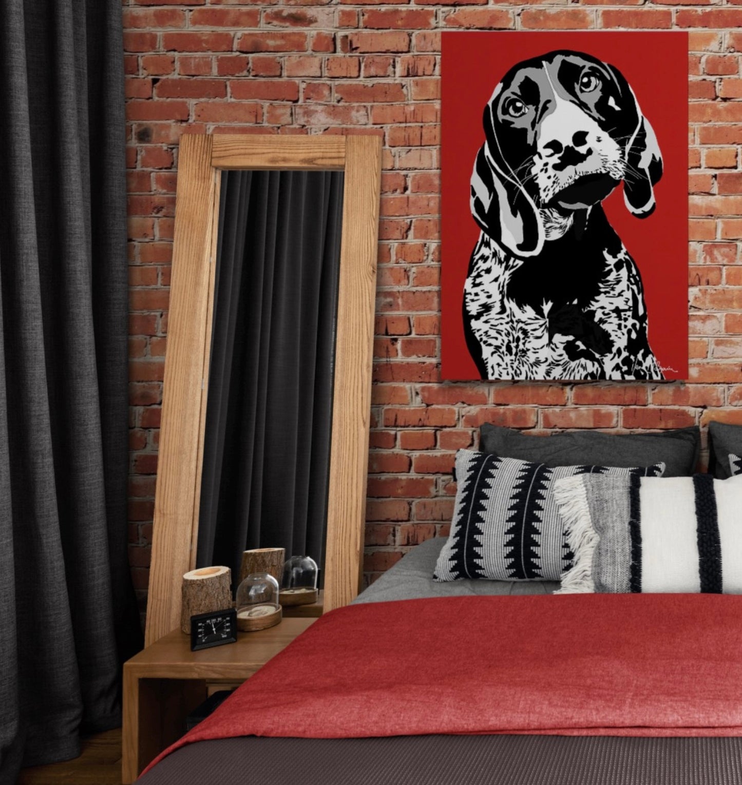 An intricately designed digital art printed canvas, featuring a a monochrome hound in red background, adorned with vibrant  Pop- Art patterns, lounging contently in a cosy bedroom.