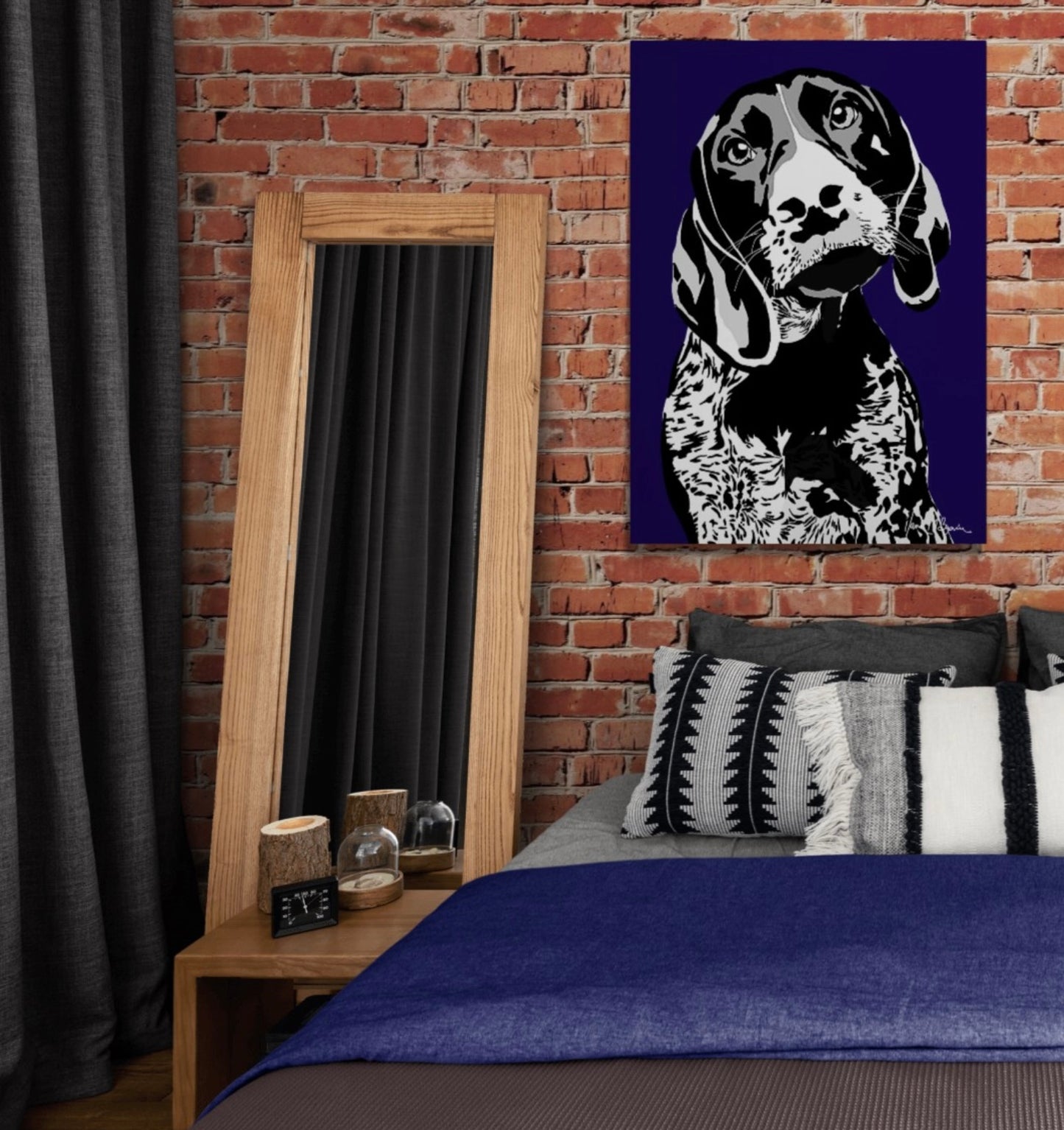 An intricately designed digital art printed canvas, featuring a a monochrome hound in navy background, adorned with vibrant  Pop- Art patterns, lounging contently in a cosy bedroom.