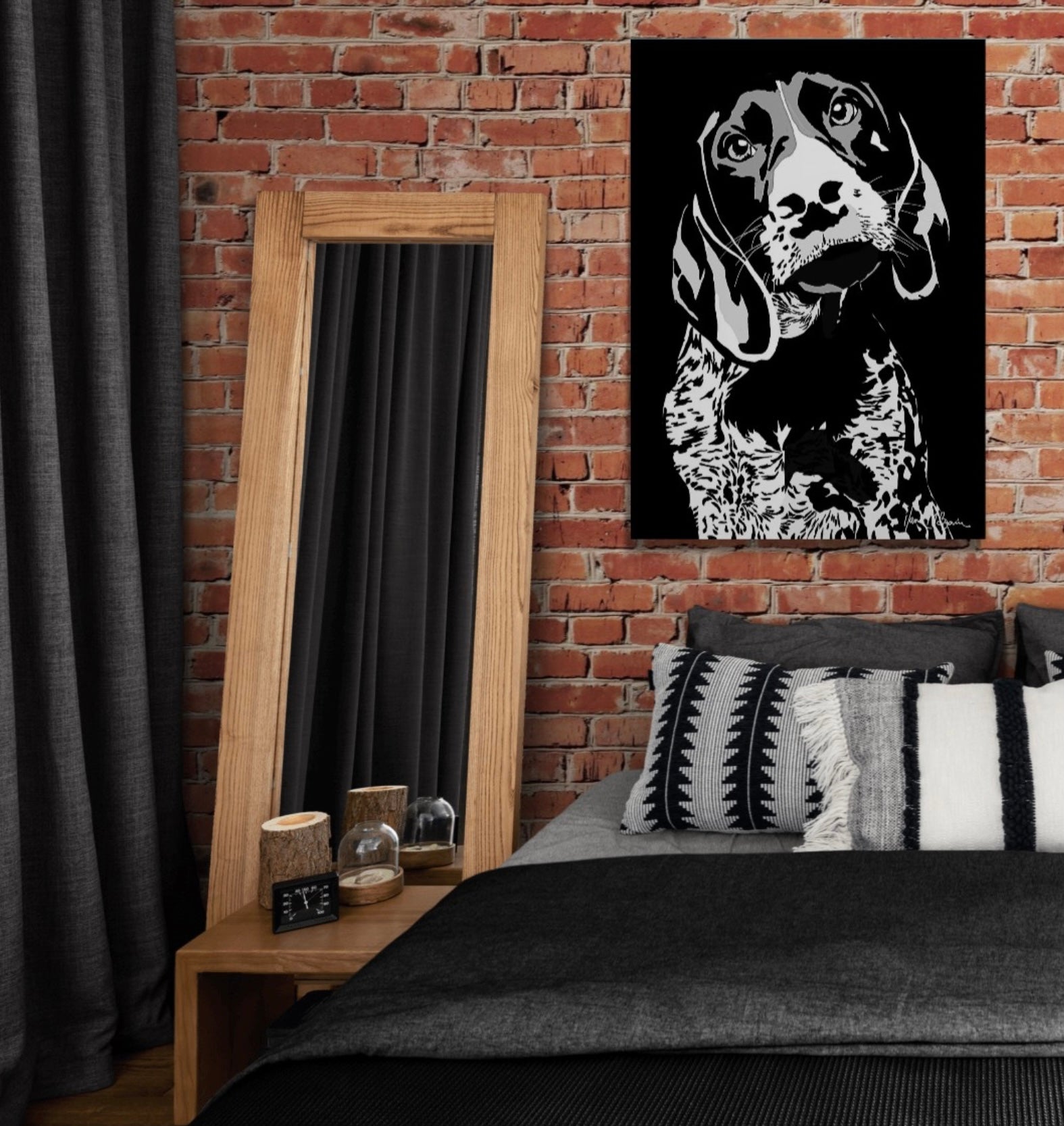 An intricately designed digital art printed canvas, featuring a a monochrome hound in black background, adorned with vibrant  Pop- Art patterns, lounging contently in a cosy bedroom.