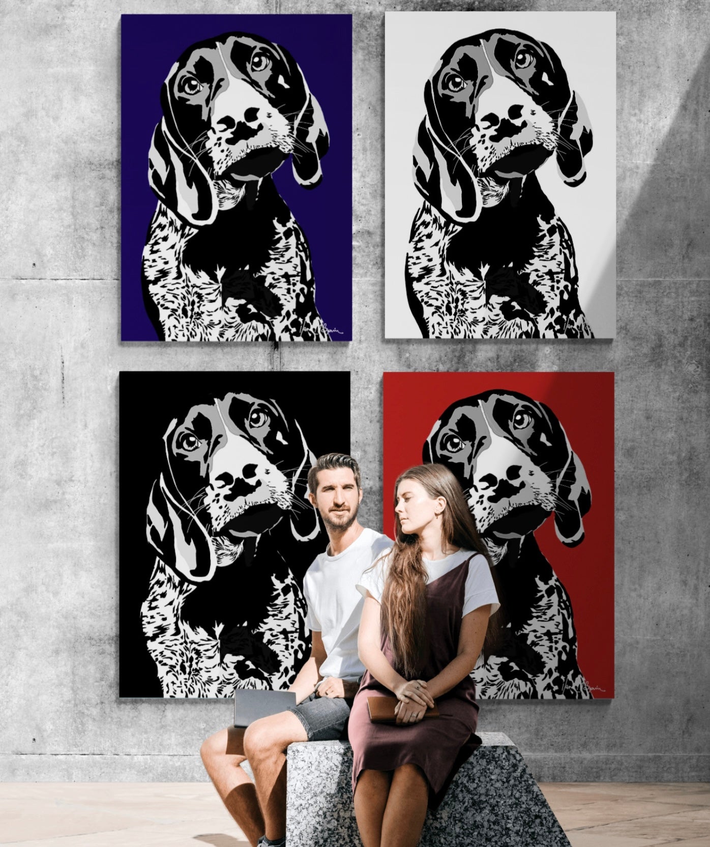 A captivating digital artwork prints, showcases a a monochrome hound in red, navy, white and black background colour hues, accented with dynamic Pop-Art motifs and shades. They hang on a surreal gray concrete gallery wall. Arranged as a striking quartet, each piece adding to the bold unique atmosphere.