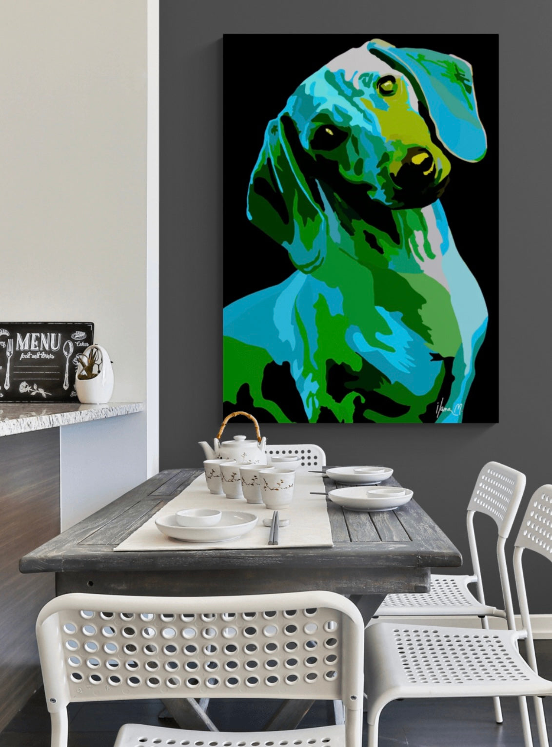 An intricately designed digital art printed canvas, dachshund noir green, in black background, adorned with vibrant Pop- Art patterns of green, blue and violet shades, lounging boldly in a contemporary small kitchen/dining space.