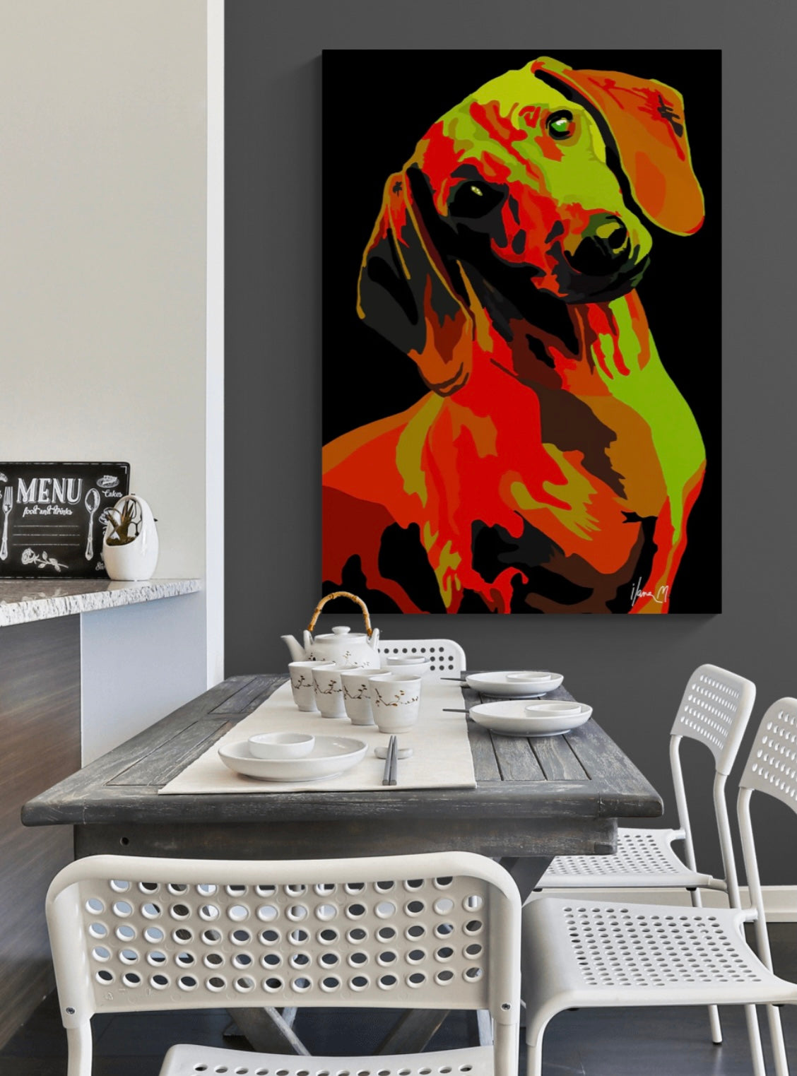 An intricately designed digital art printed canvas, dachshund noir lavender, in black background, adorned with vibrant Pop- Art patterns with earthy red and green hues, lounging boldly in a contemporary small kitchen/dining space.