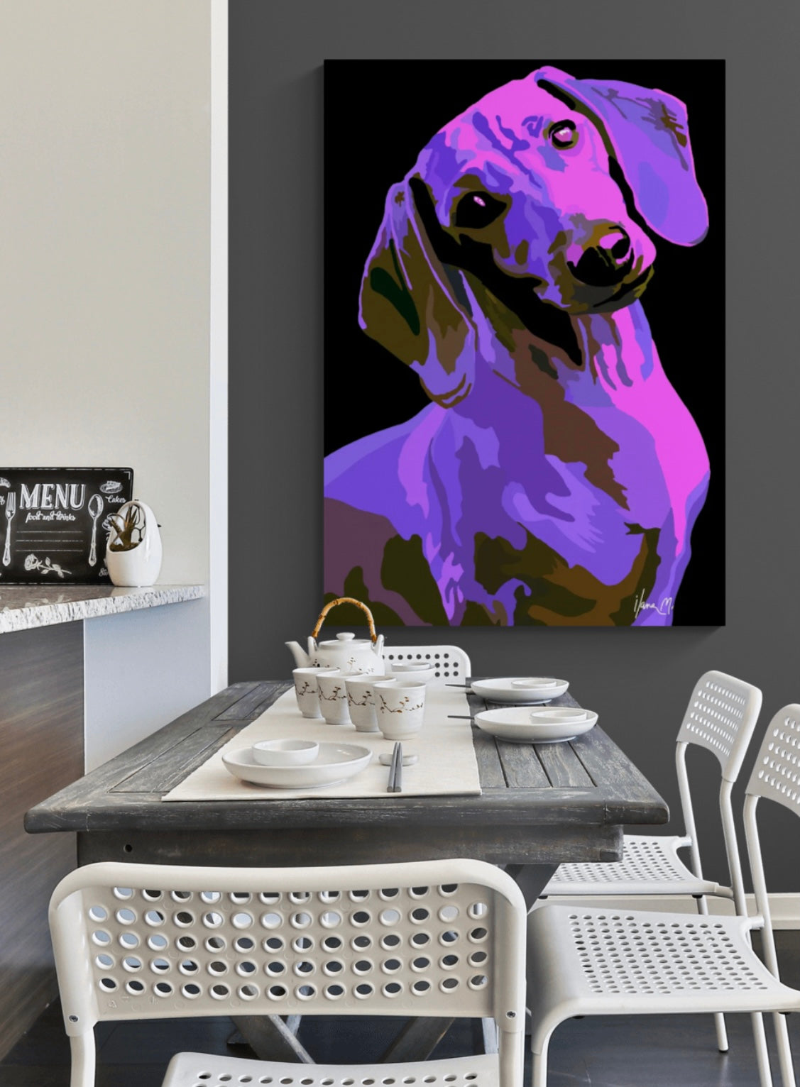 An intricately designed digital art printed canvas, dachshund noir lavender, in black background, adorned with vibrant Pop- Art patterns of lavender, pink and violet shades, lounging boldly in a contemporary small kitchen/dining space.