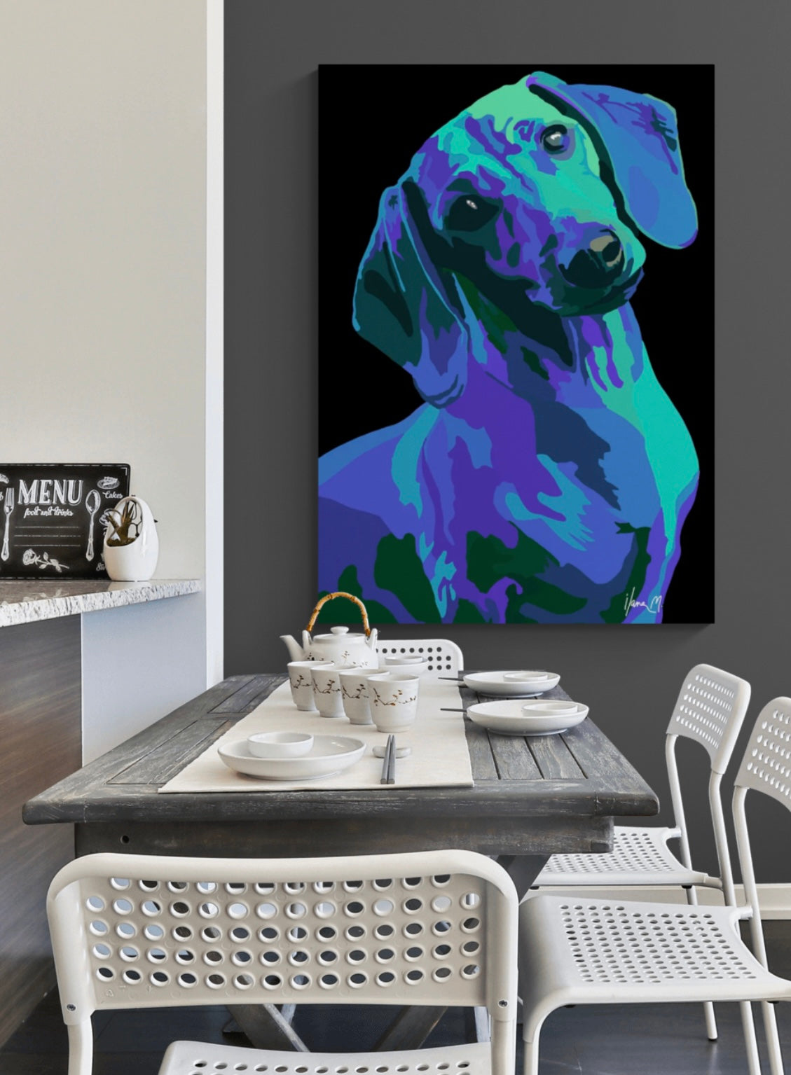 An intricately designed digital art printed canvas, dachshund noir blue, in black background, adorned with vibrant Pop- Art patterns of blue, green and violet shades, lounging boldly in a contemporary small kitchen/dining space.