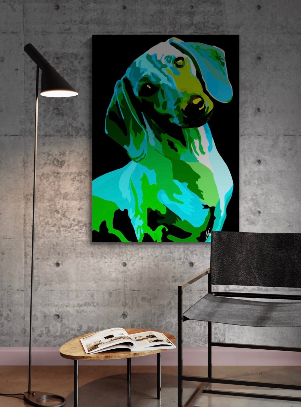 An intricately designed digital art printed canvas, dachshund noir green, in black background, adorned with vibrant Pop- Art patterns of green, blue and violet shades, lounging contently in a contemporary minimalistic room, with a lamp, small table and a chair.