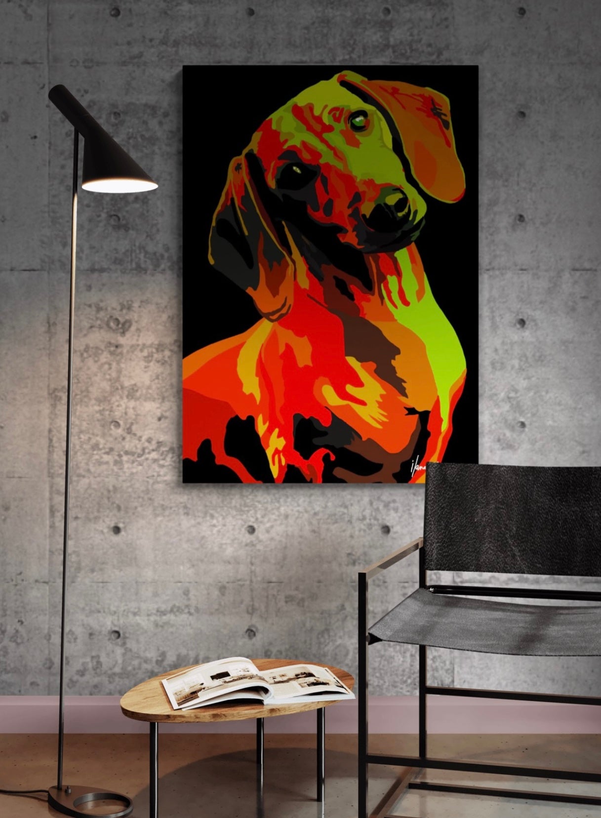 An intricately designed digital art printed canvas, dachshund noir red, in black background, adorned with vibrant Pop- Art patterns of earthy red and green hues, lounging contently in a contemporary minimalistic room, with a lamp, small table and a chair.