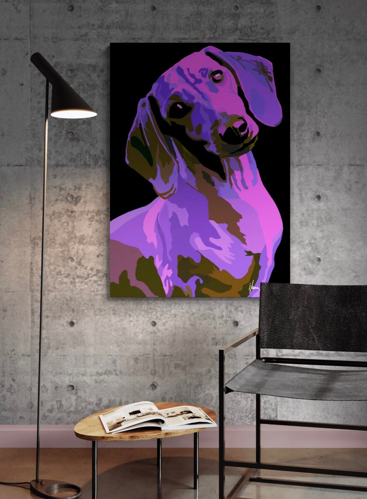 An intricately designed digital art printed canvas, dachshund noir lavender, in black background, adorned with vibrant Pop- Art patterns of lavender, pink and violet shades, lounging contently in a contemporary minimalistic room, with a lamp, small table and a chair.