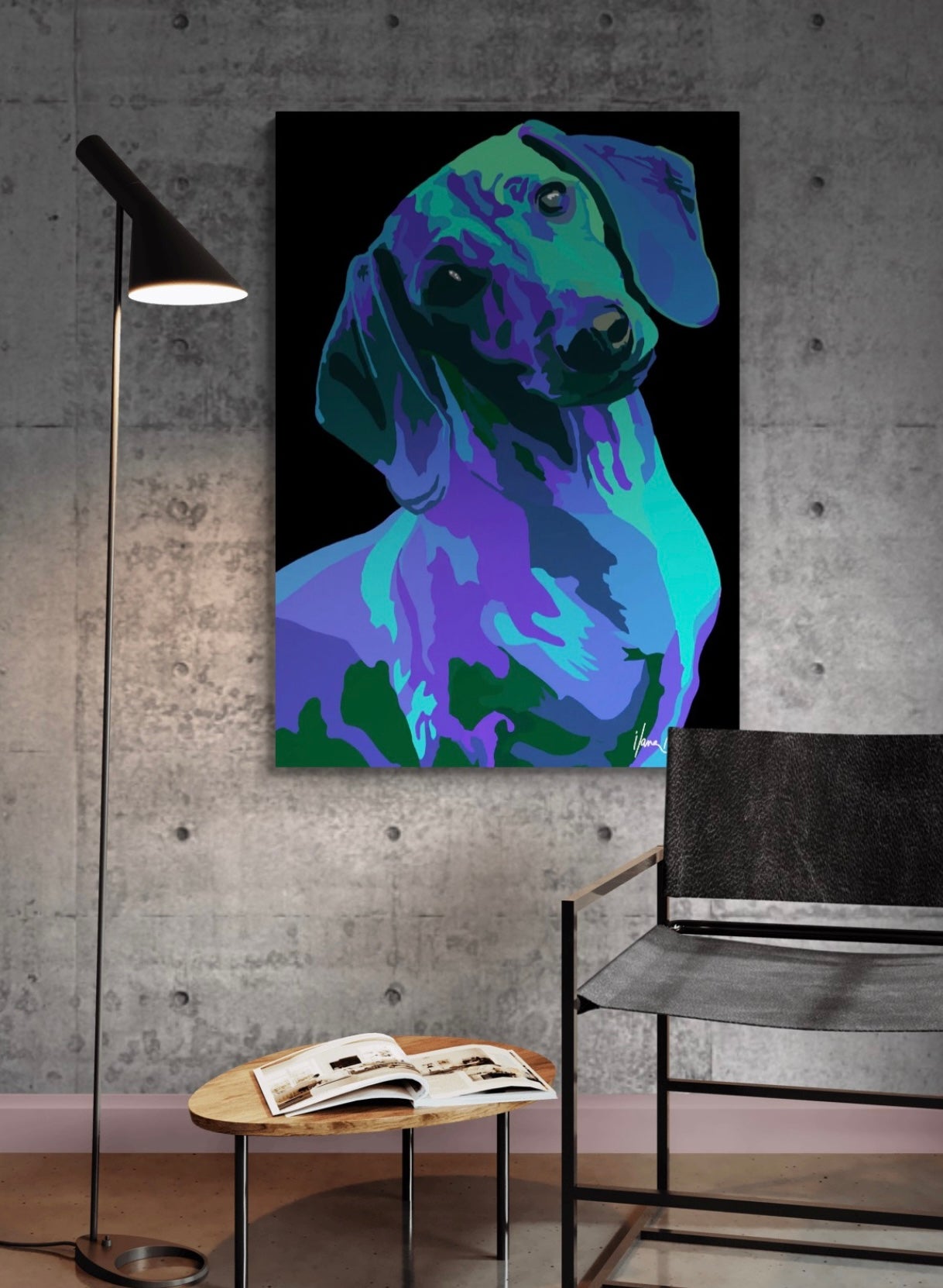 An intricately designed digital art printed canvas, dachshund noir blue in black background, adorned with vibrant Pop- Art patterns of blue, green and violet shades, lounging contently in a contemporary minimalistic room, with a lamp, small table and a chair.