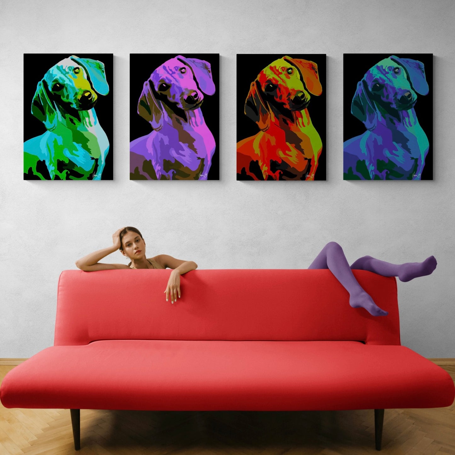 A captivating digital artwork prints, dachshund noir in black background, adorned with vibrant Pop- Art patterns of blue, red, and green. Accented with dynamic Pop-Art motifs and shades. They hang on a white gallery style wall. Arranged as a striking quartet, enhanced by a modern, stream line red couch, each piece adding to the bold unique atmosphere.