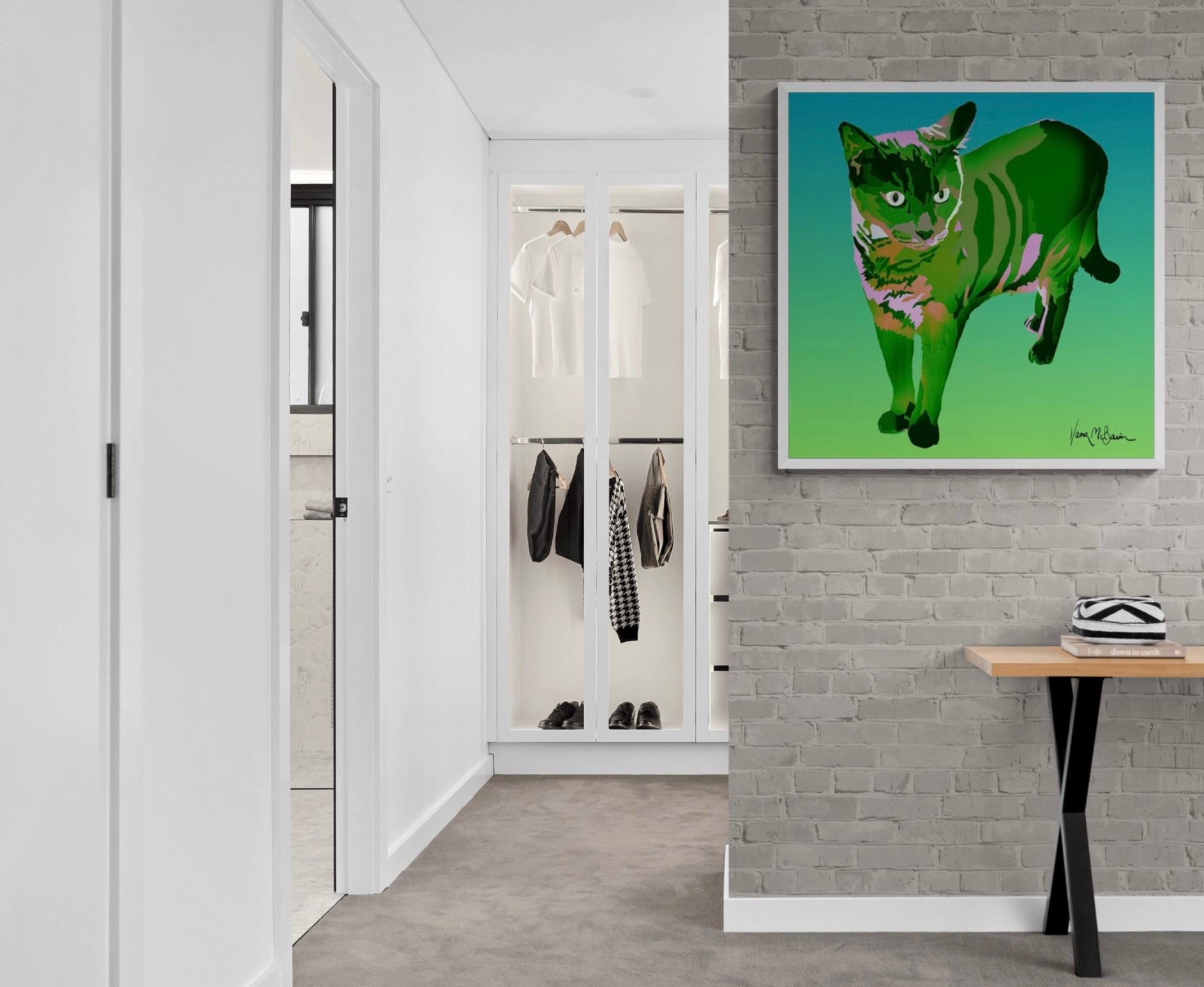 A contemporary pop art portrait of a Siamese cat, adding a vibrant splash of ocean blue and green shades to the clean decor of a bedroom entryway.