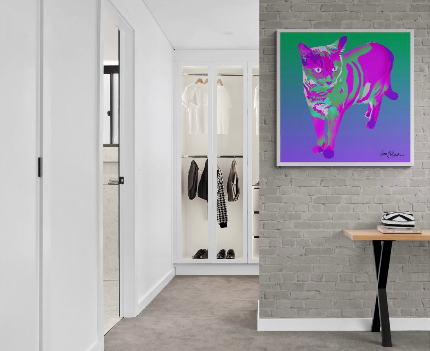 A contemporary pop art portrait of a Siamese cat, adding a vibrant splash of violet and green shades to the clean decor of a bedroom entryway.