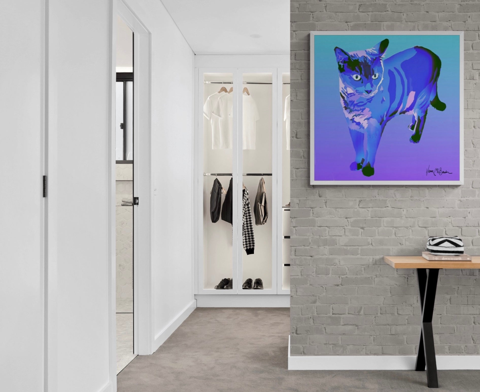 A contemporary pop art portrait of a Siamese cat, adding a vibrant splash of majestic blue shades to the clean decor of a bedroom entryway.