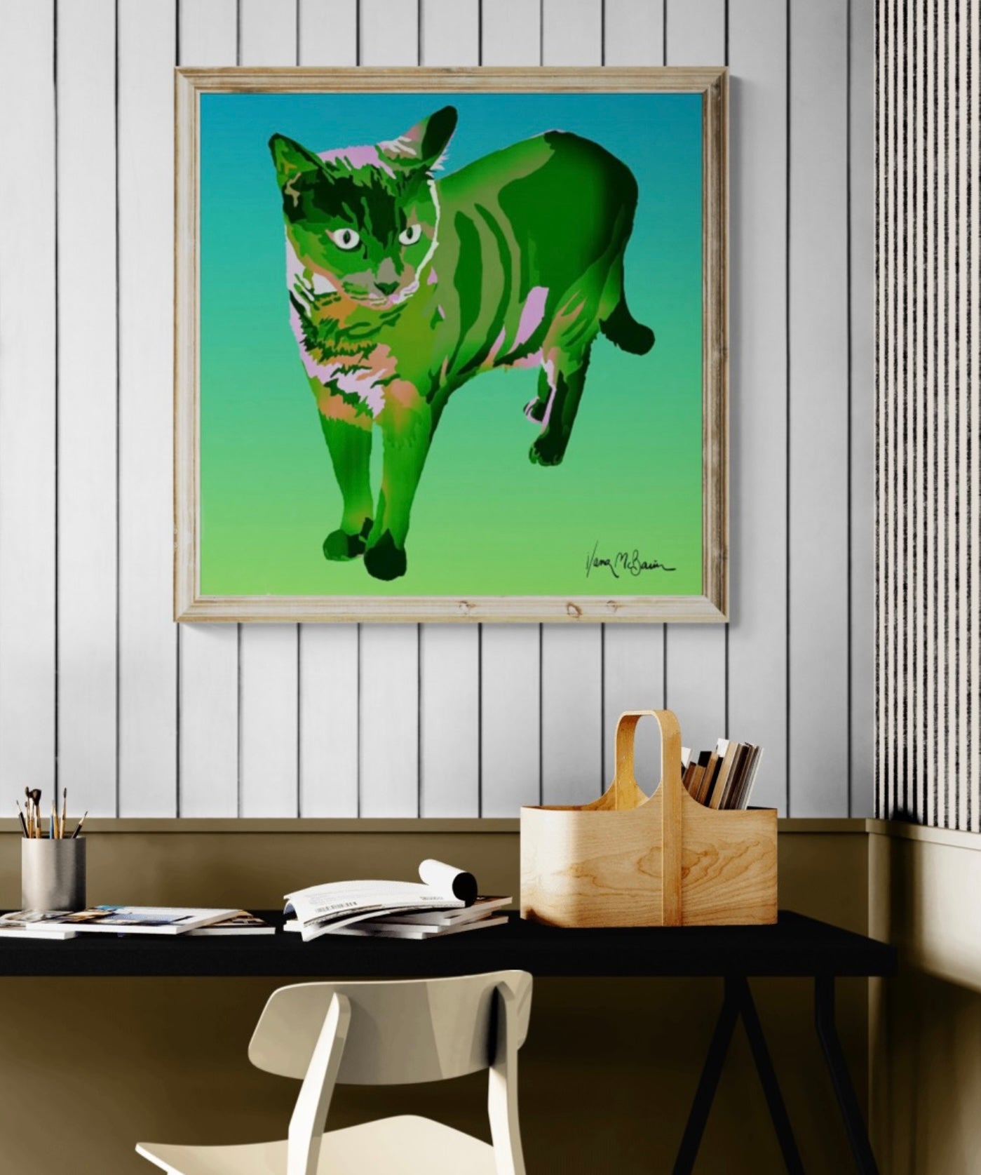 A contemporary pop art portrait of a Siamese cat on a large canvas print, enhancing a modern workspace with a vibrant splash of ocean blue and green colours and dynamic style.