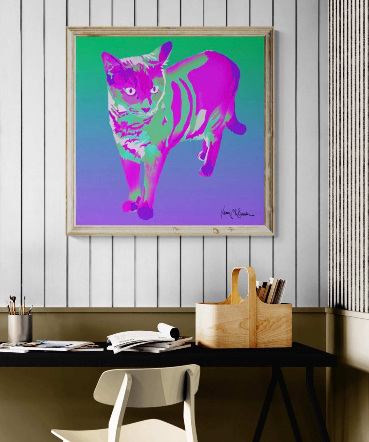 A contemporary pop art portrait of a Siamese cat on a large canvas print, enhancing a modern workspace with a vibrant splash of violet and green colours and dynamic style.